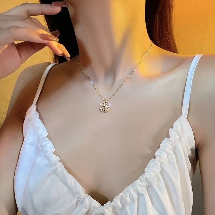 Dainty CZ Inlaid Transformable Lucky Flower Heart Pendant Necklace