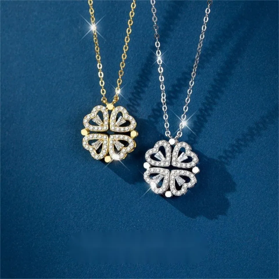 Dainty CZ Inlaid Transformable Lucky Flower Heart Pendant Necklace