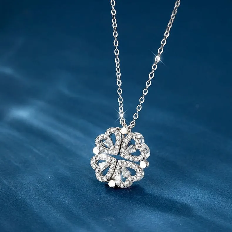 Dainty CZ Inlaid Transformable Lucky Flower Heart Pendant Necklace