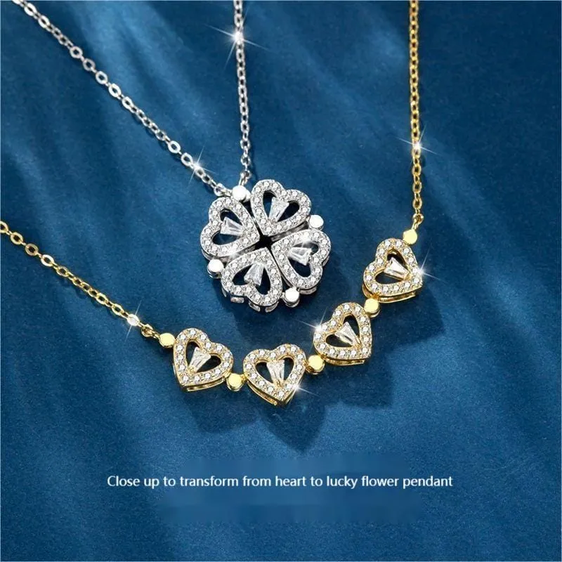 Dainty CZ Inlaid Transformable Lucky Flower Heart Pendant Necklace