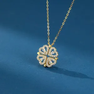 Dainty CZ Inlaid Transformable Lucky Flower Heart Pendant Necklace