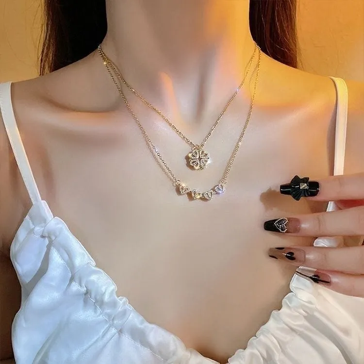 Dainty CZ Inlaid Transformable Lucky Flower Heart Pendant Necklace