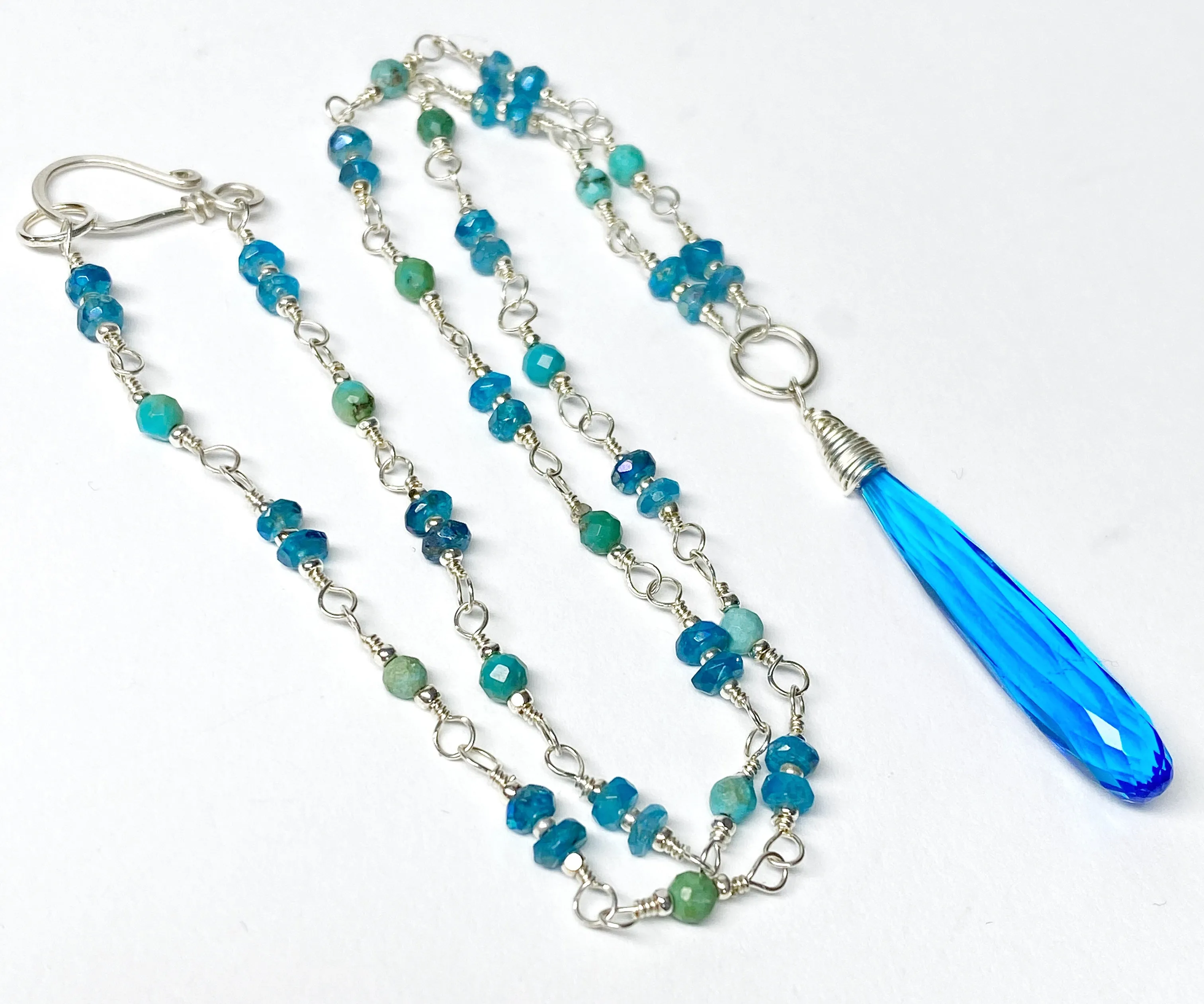 Dainty Necklace Wire Wrap Rosary Style: Swiss Blue Quartz Pendant, Blue Green Gems, Sterling Silver
