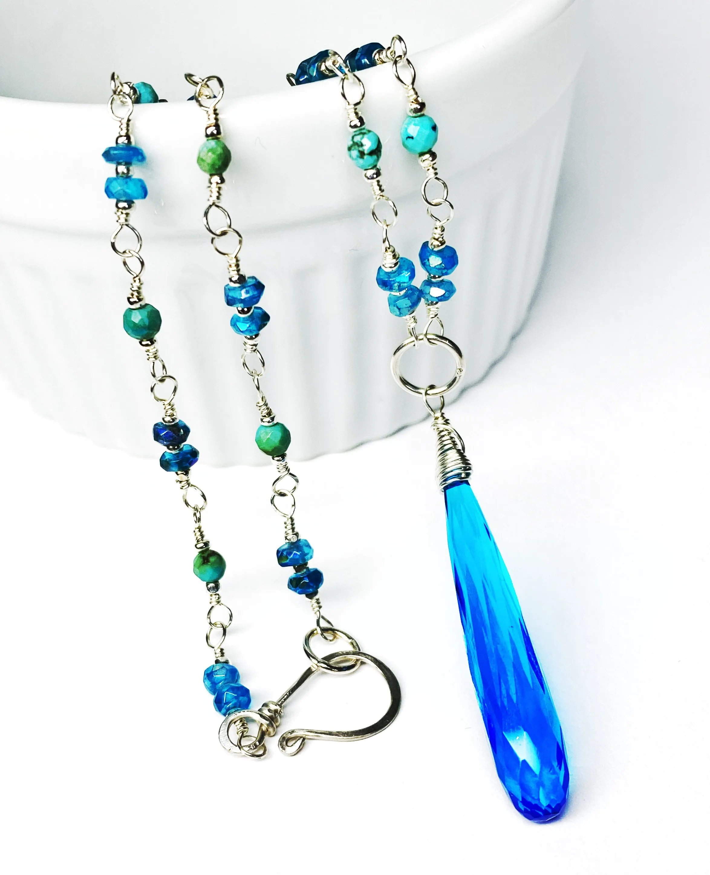 Dainty Necklace Wire Wrap Rosary Style: Swiss Blue Quartz Pendant, Blue Green Gems, Sterling Silver