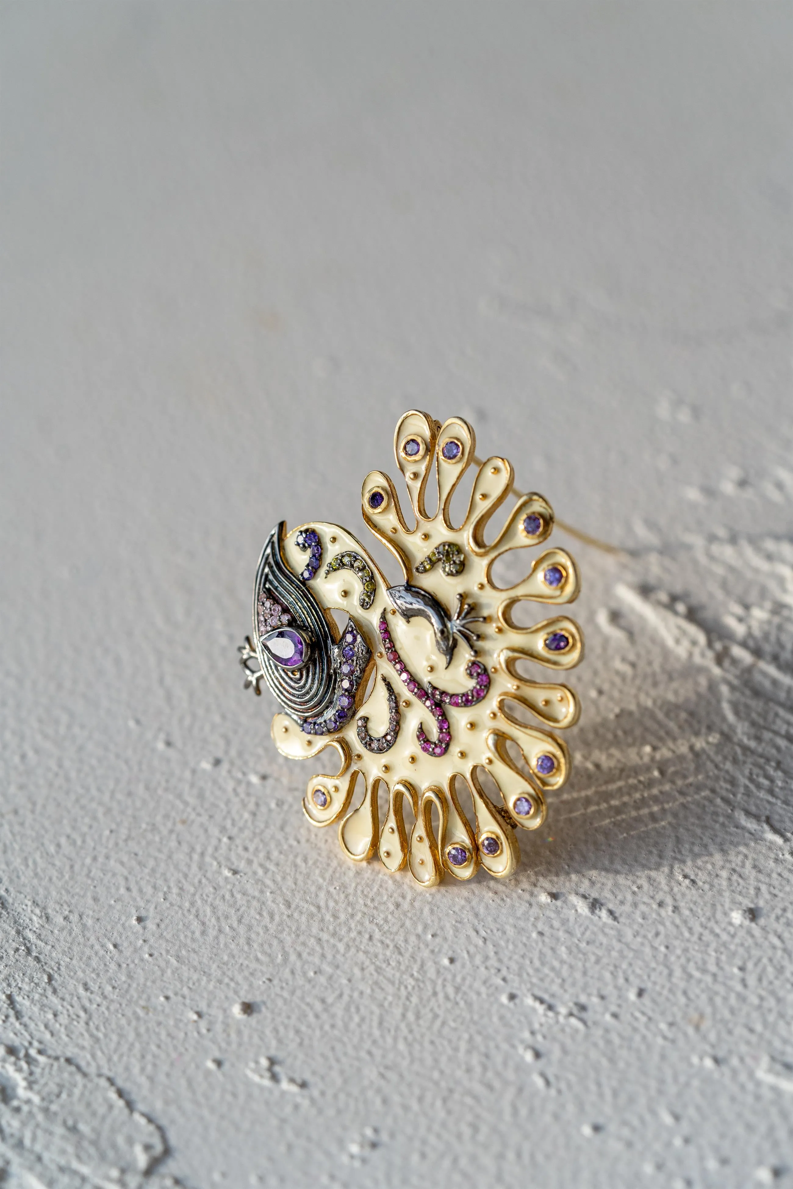 Demi Fine Jewelry-Two-Tone Plated-Brooch-Ecstatic Peacock Dance Silver-O02/21-Fashion Edit Unbent