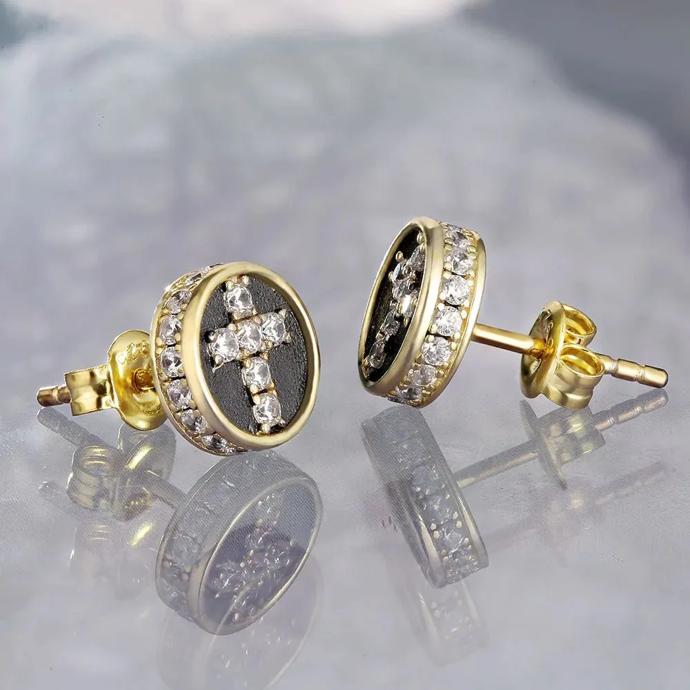 Diamond Cross Earrings Round Stud for Men