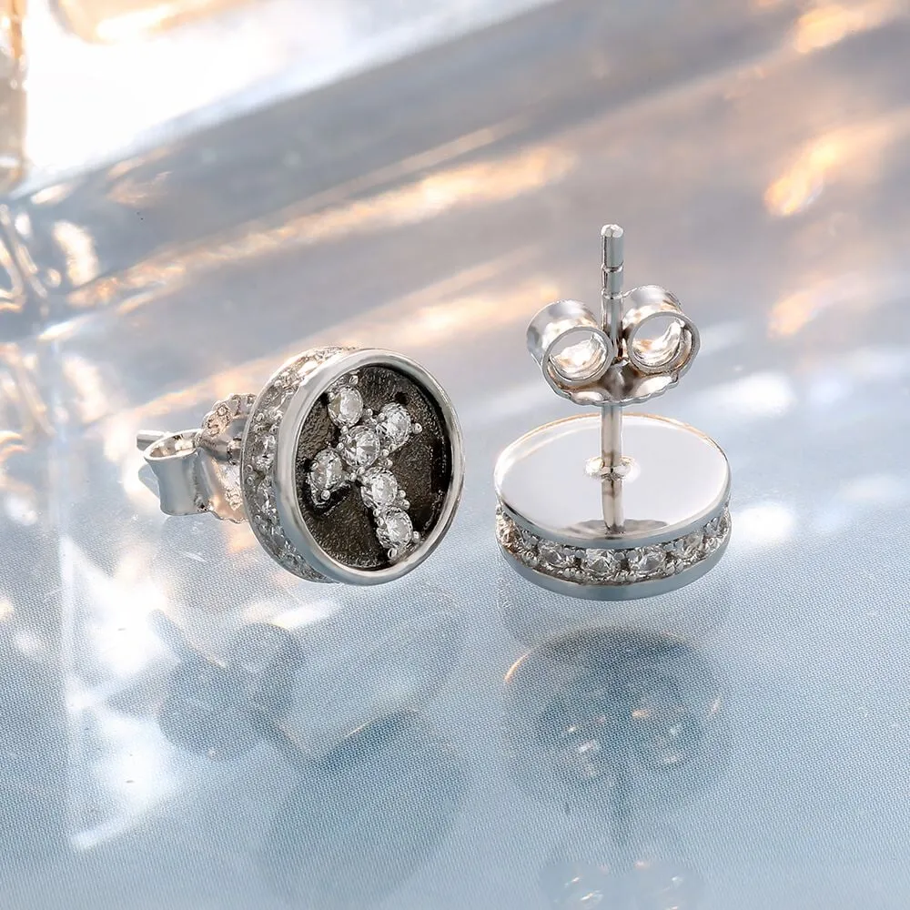 Diamond Cross Earrings Round Stud for Men