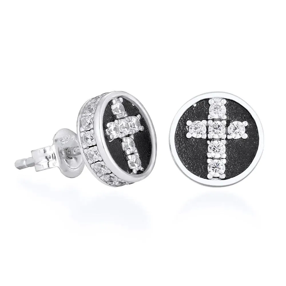 Diamond Cross Earrings Round Stud for Men