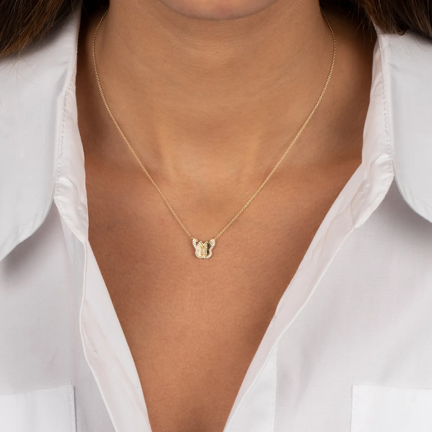 Diamond Pave Ridged Butterfly Pendant Necklace 14K