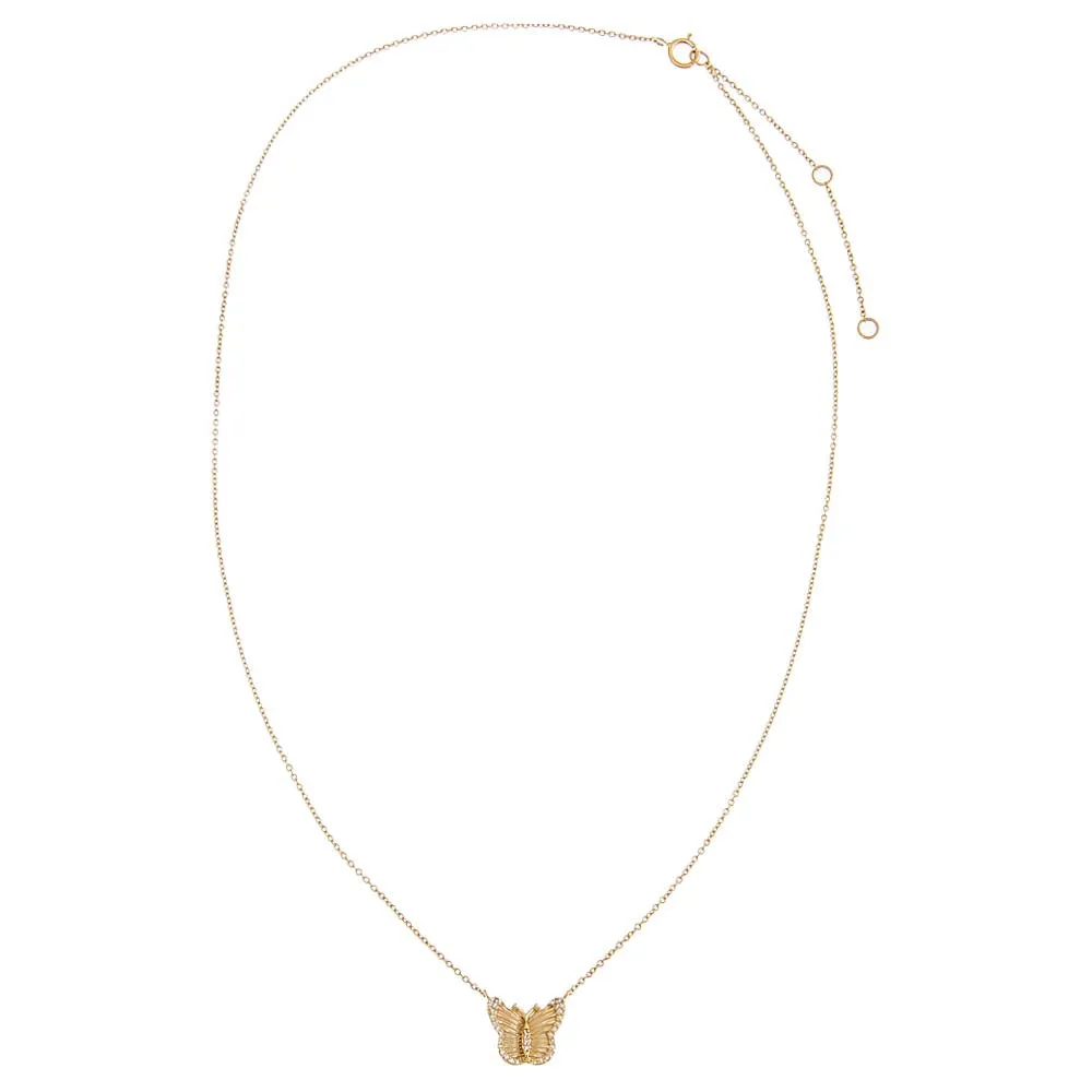 Diamond Pave Ridged Butterfly Pendant Necklace 14K