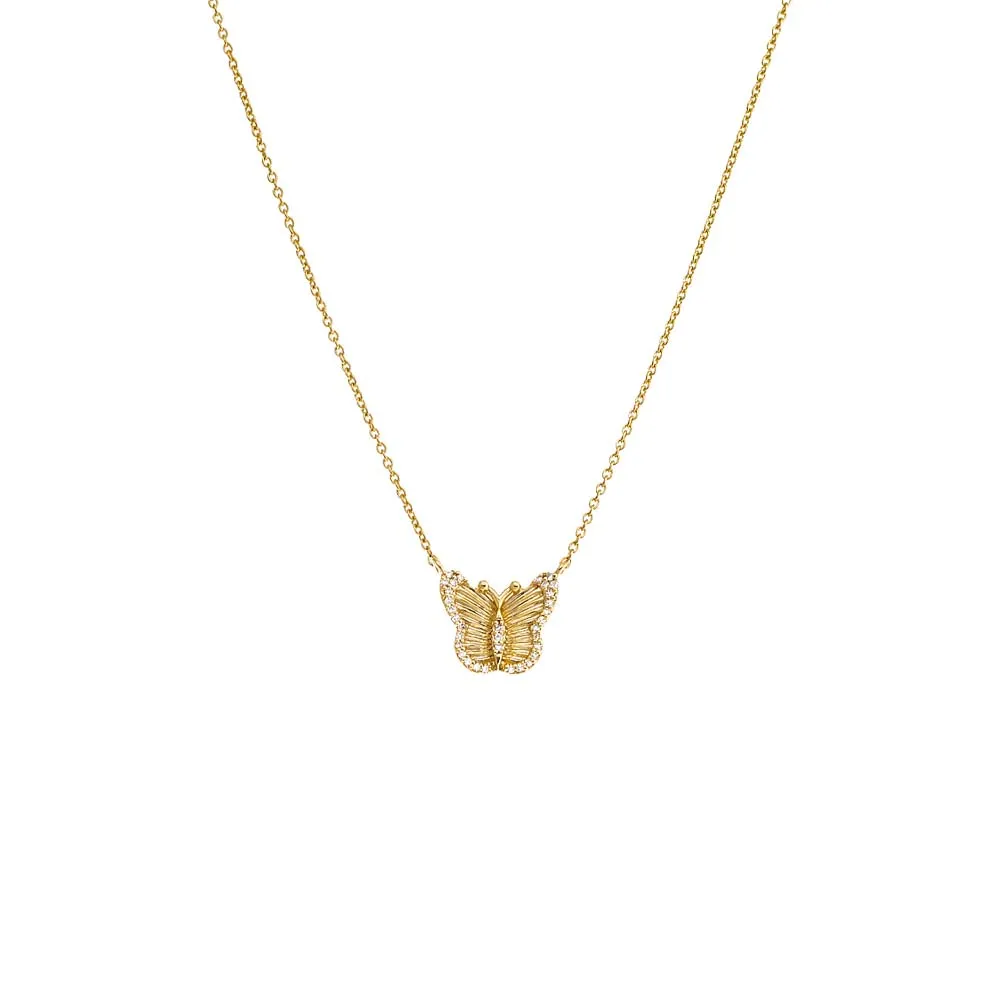 Diamond Pave Ridged Butterfly Pendant Necklace 14K