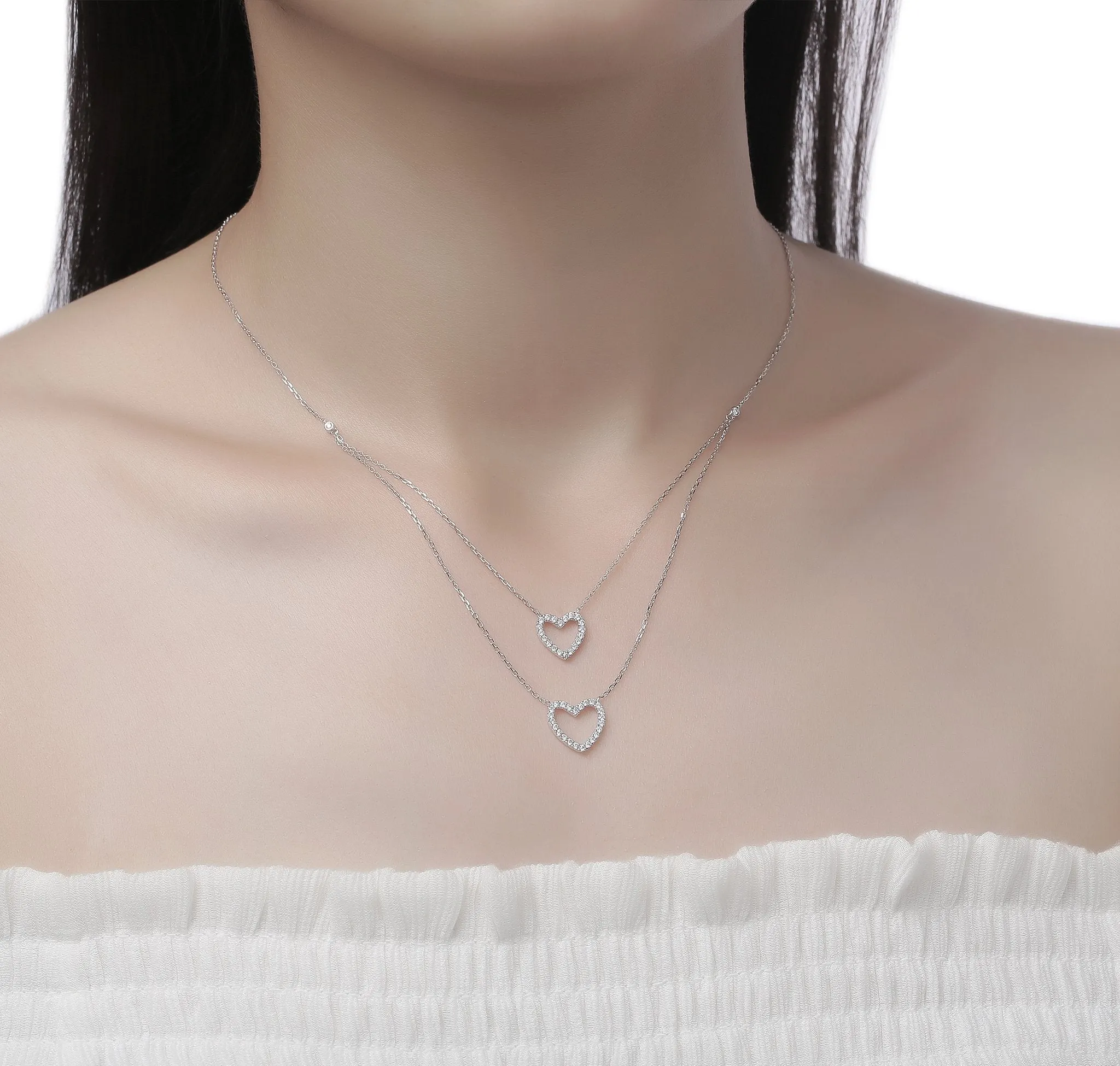 Double Layered 0.31ctw Lab Grown Diamonds Hearts Necklace <br> NL-00679WHT