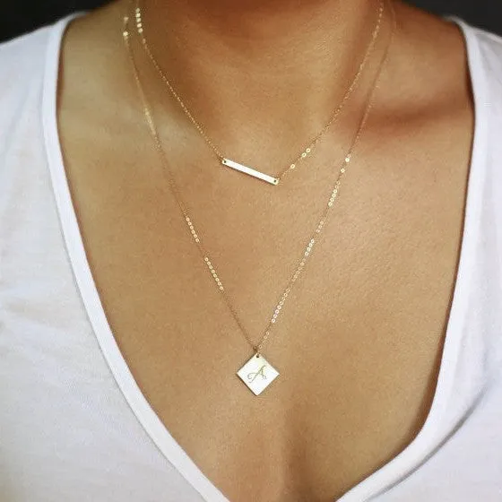 Double Layered Skinny 1" Bar and 0.5" Diamond Charm Necklace Set