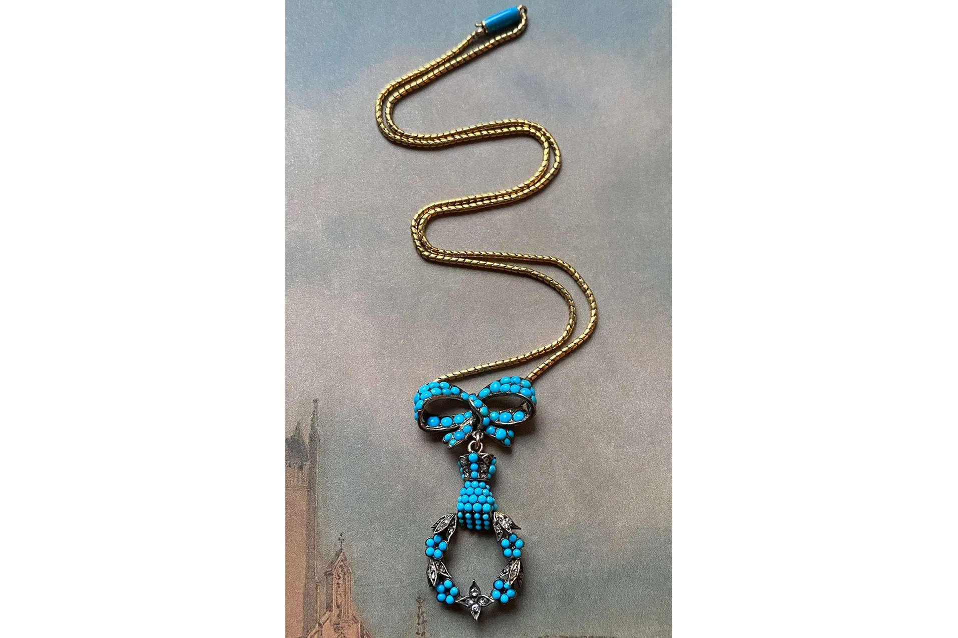 Early Victorian Turquoise and Diamond, Bow, Hand and Wreath Necklace