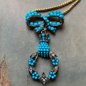 Early Victorian Turquoise and Diamond, Bow, Hand and Wreath Necklace