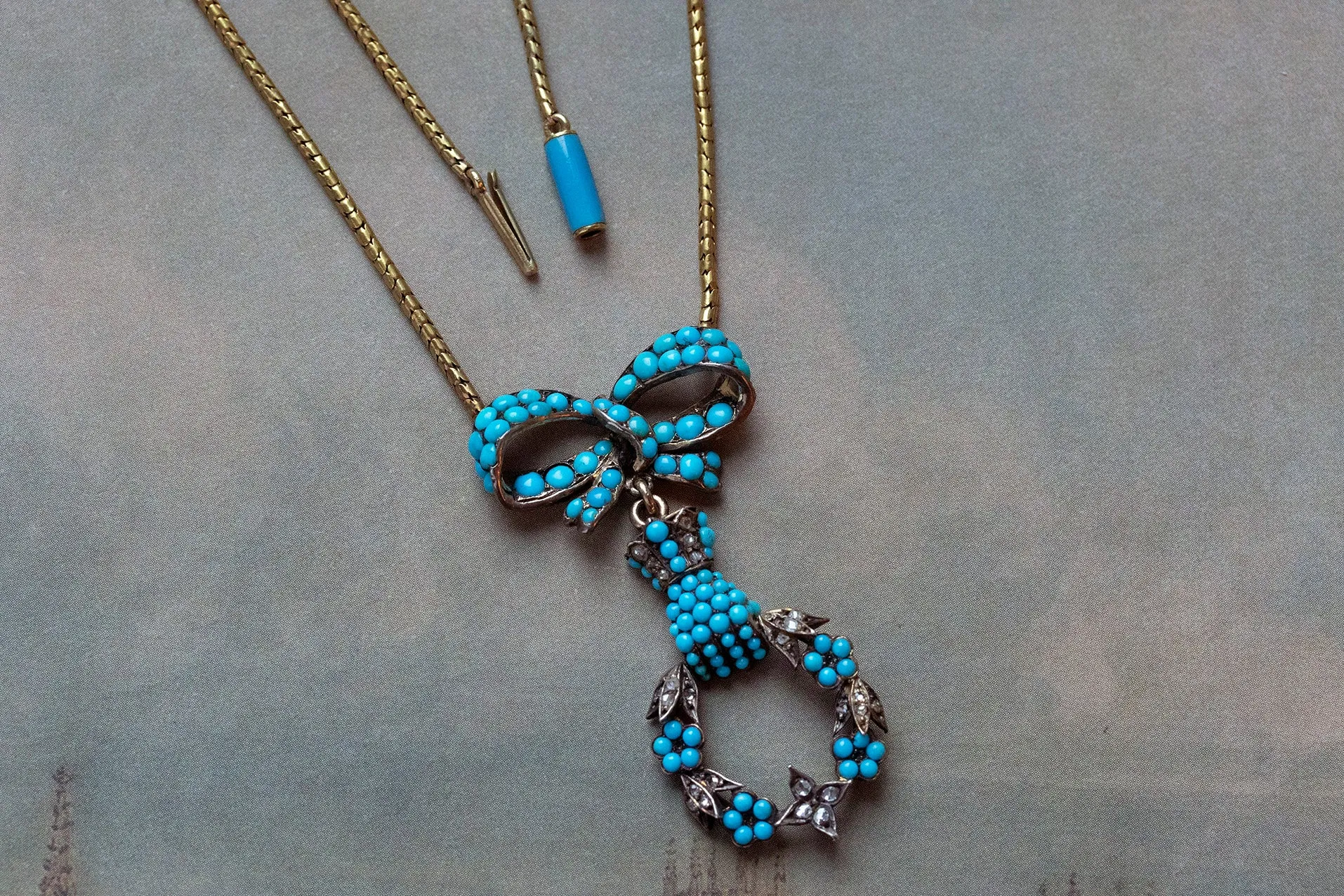 Early Victorian Turquoise and Diamond, Bow, Hand and Wreath Necklace