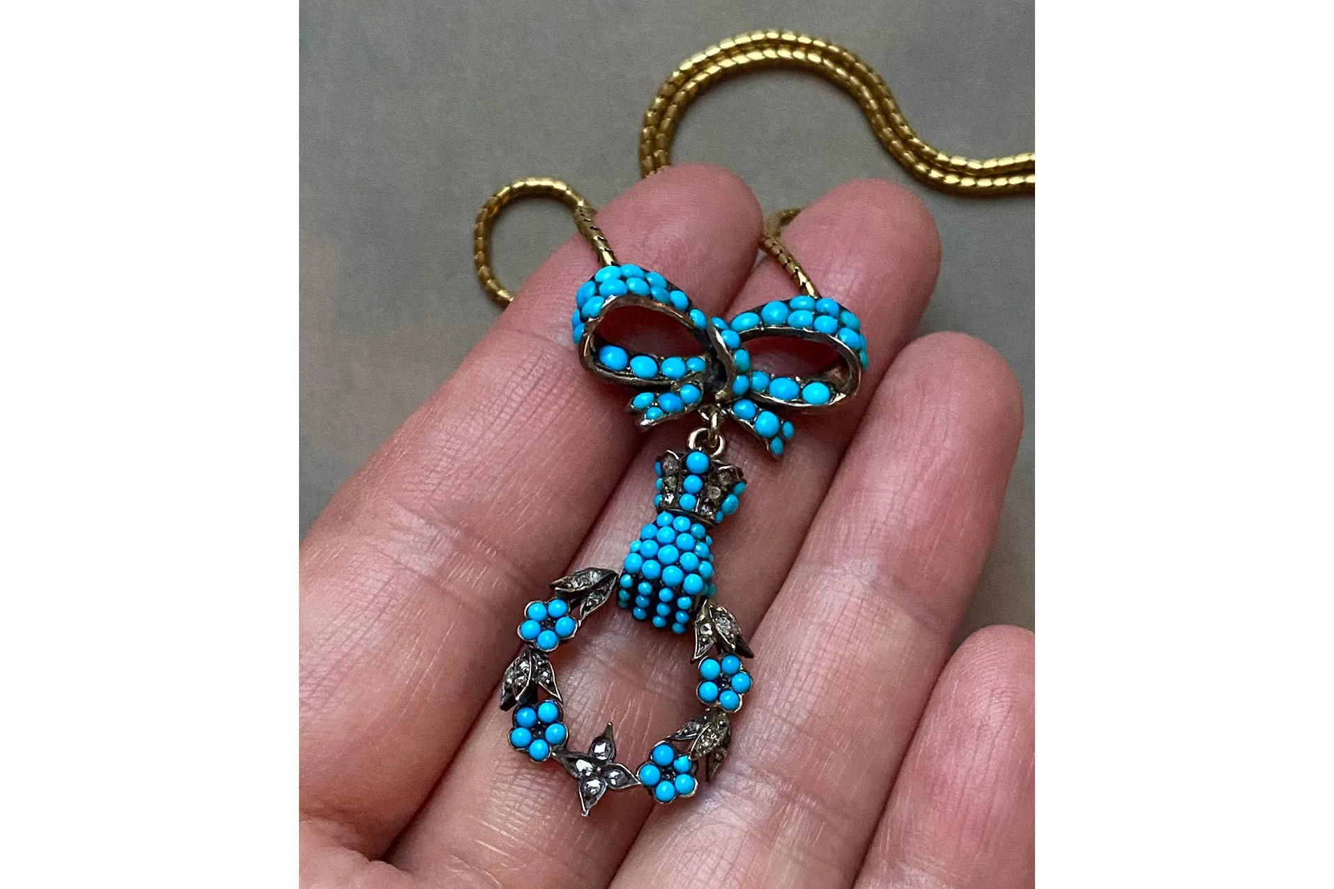 Early Victorian Turquoise and Diamond, Bow, Hand and Wreath Necklace