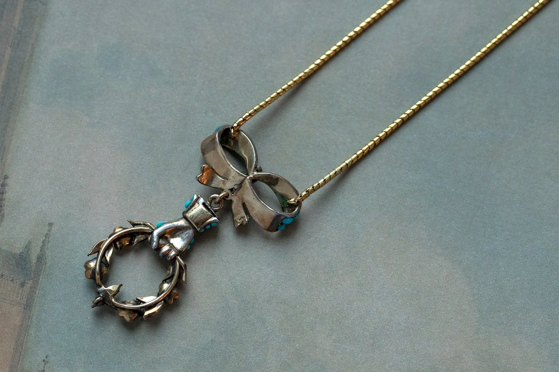 Early Victorian Turquoise and Diamond, Bow, Hand and Wreath Necklace