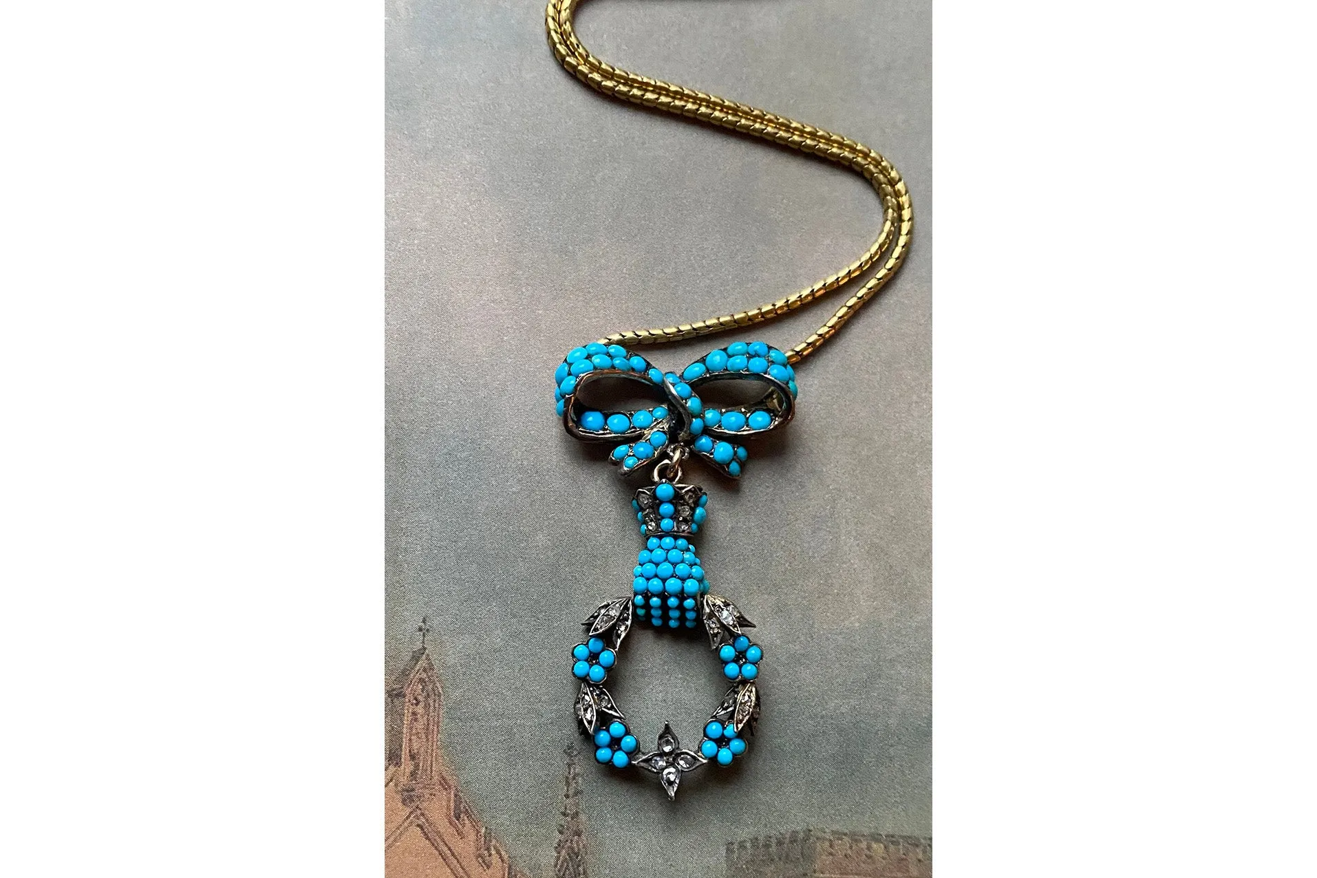 Early Victorian Turquoise and Diamond, Bow, Hand and Wreath Necklace