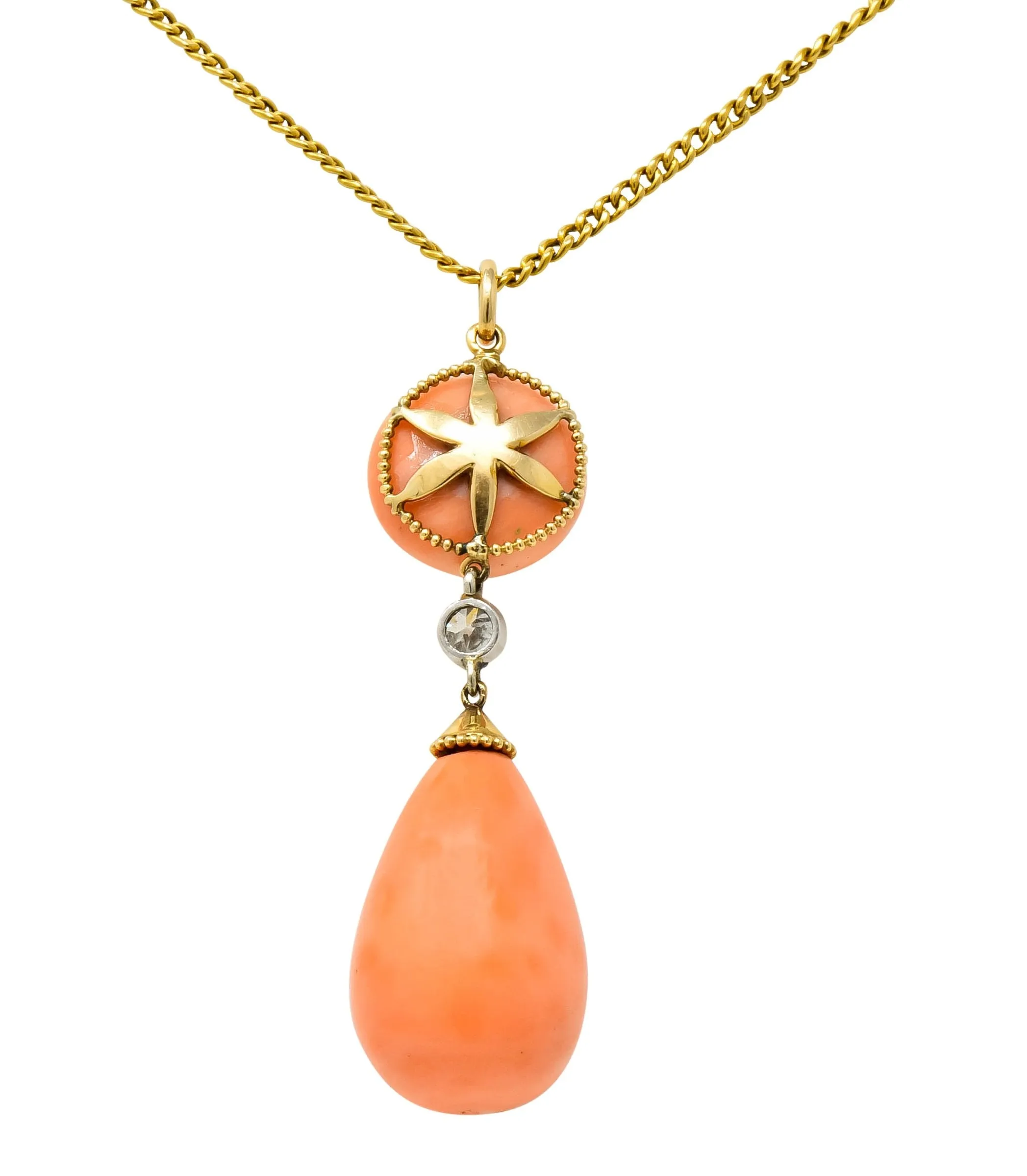 Edwardian Coral Diamond Platinum Gold Drop Pendant Necklace Circa 1940s