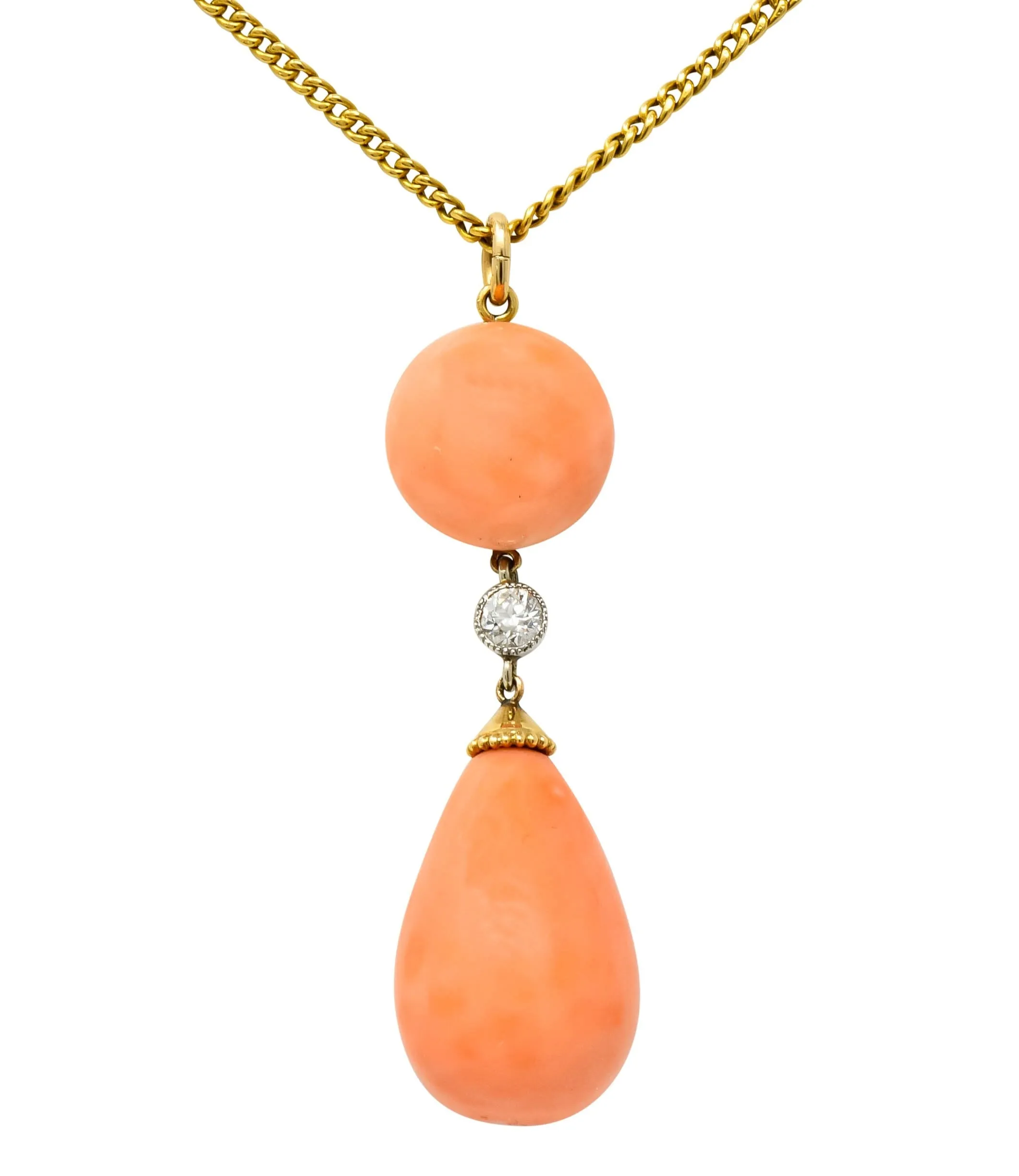 Edwardian Coral Diamond Platinum Gold Drop Pendant Necklace Circa 1940s
