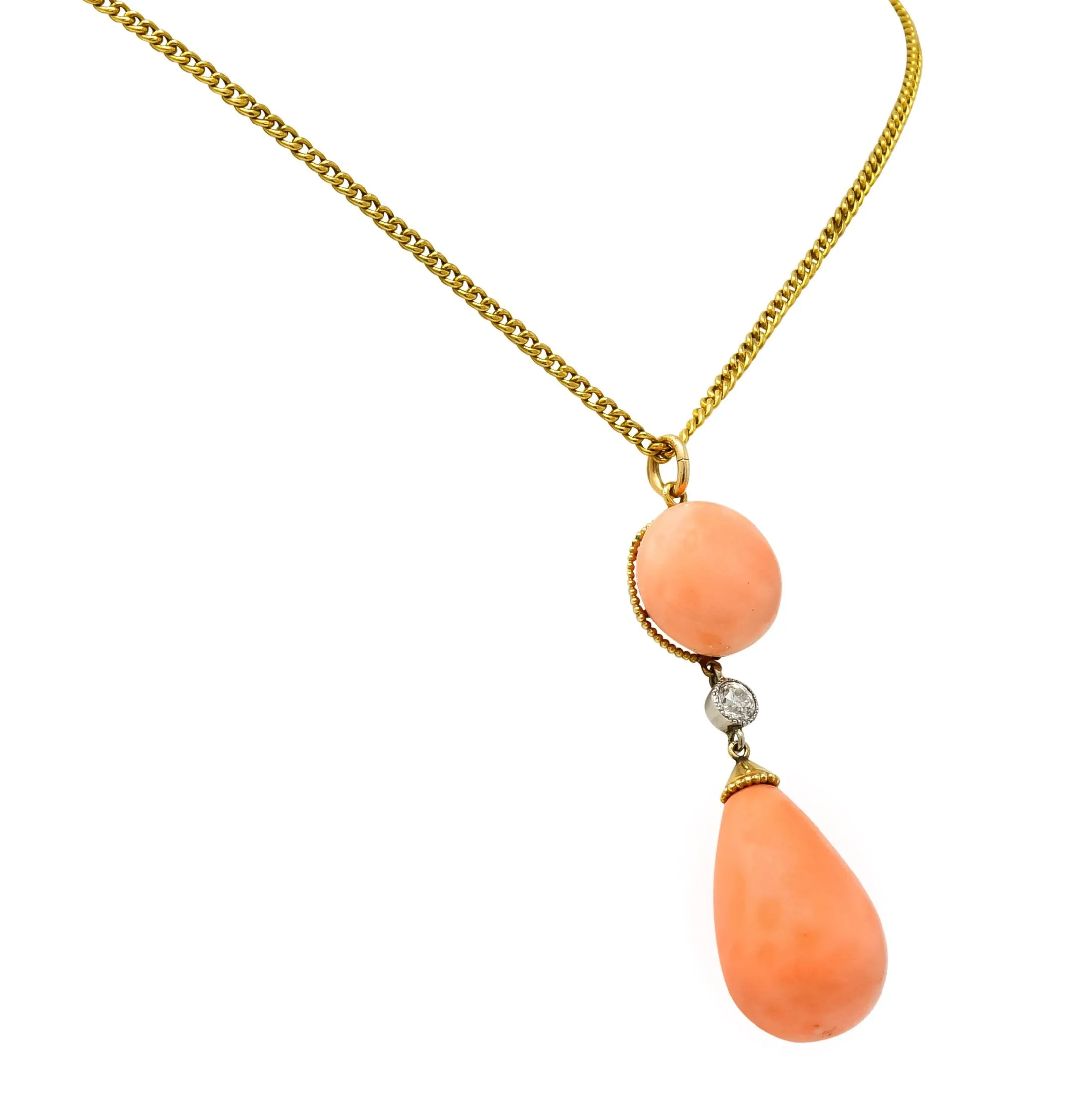 Edwardian Coral Diamond Platinum Gold Drop Pendant Necklace Circa 1940s
