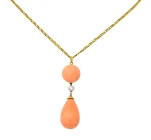 Edwardian Coral Diamond Platinum Gold Drop Pendant Necklace Circa 1940s