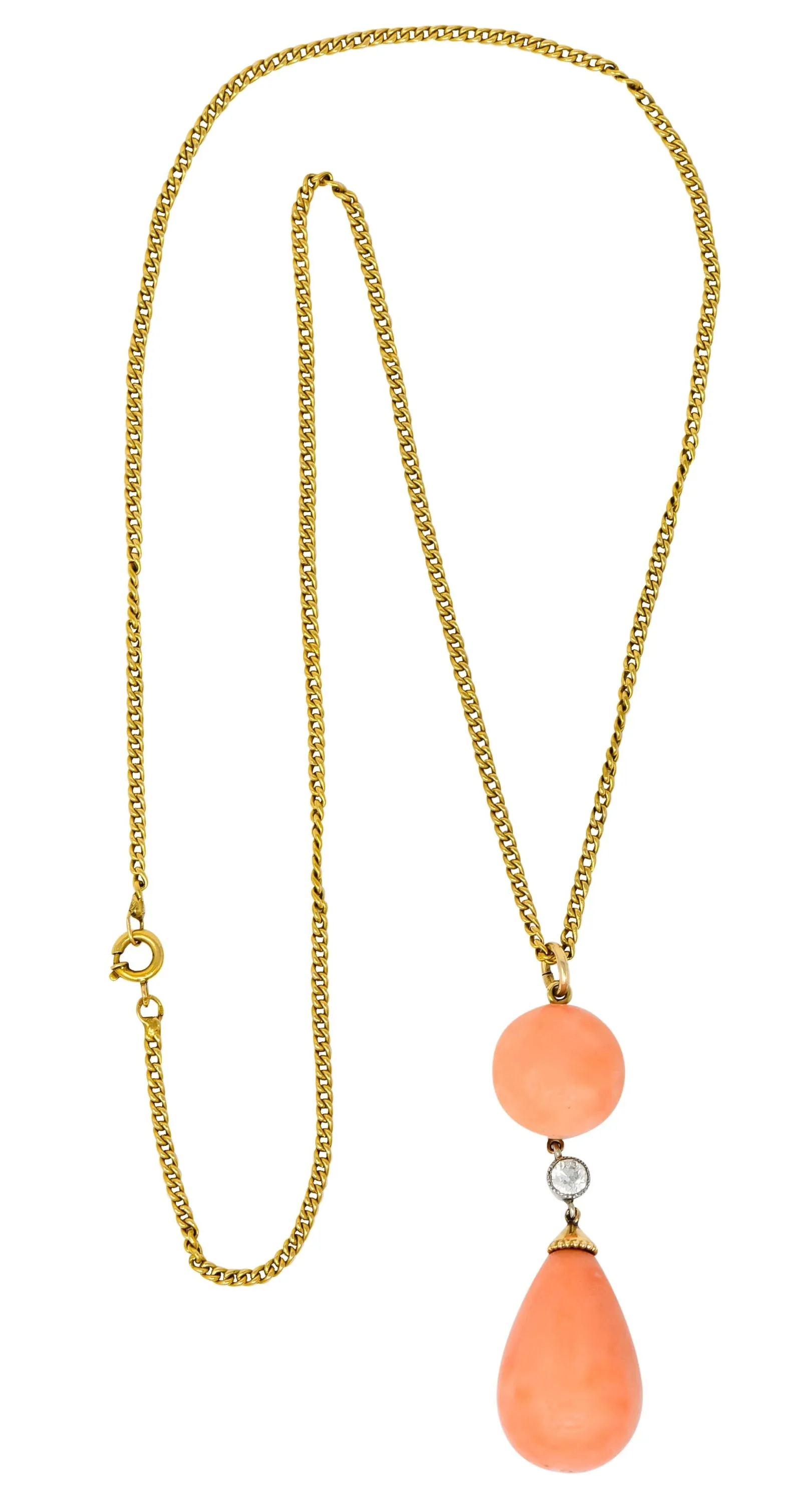 Edwardian Coral Diamond Platinum Gold Drop Pendant Necklace Circa 1940s