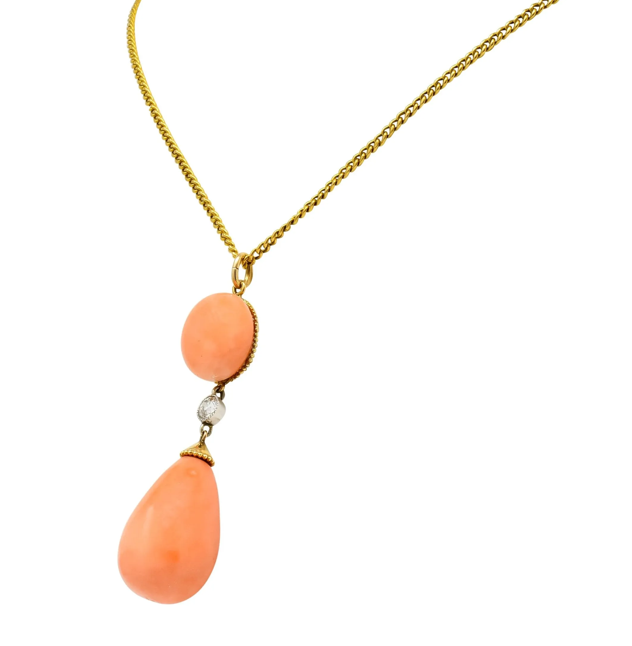 Edwardian Coral Diamond Platinum Gold Drop Pendant Necklace Circa 1940s