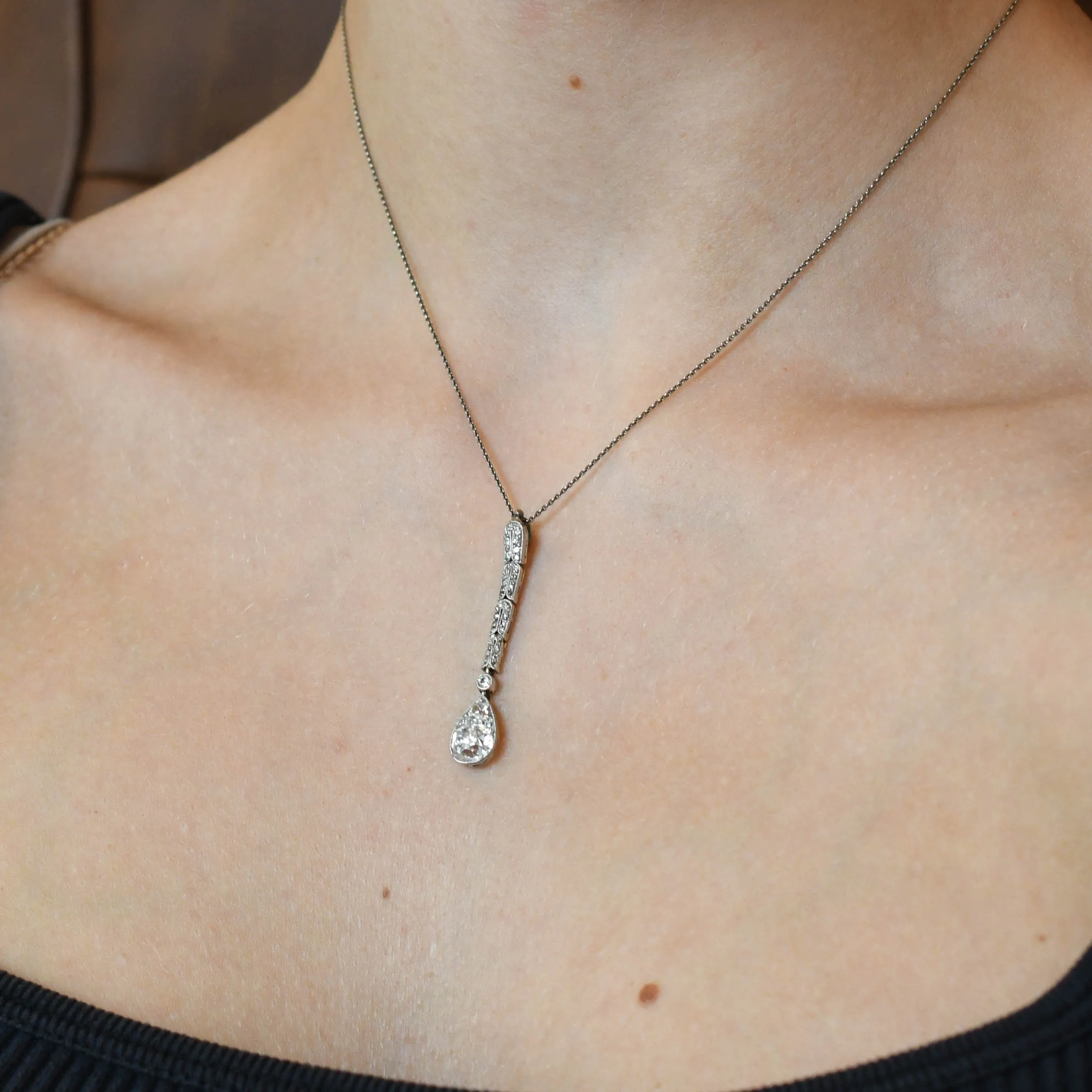 Edwardian Cushion Cut Diamond Drop Necklace