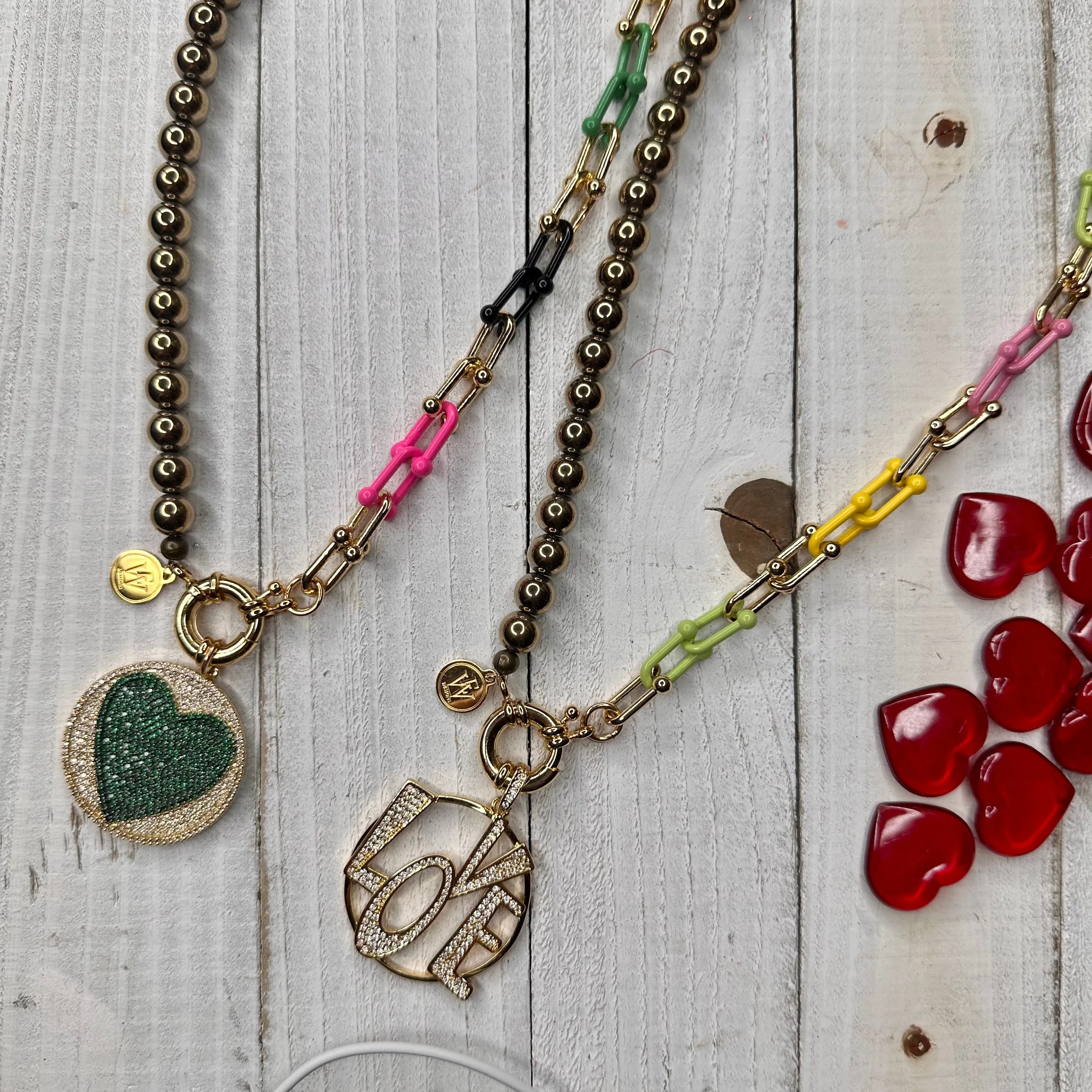 Electroplated Hematite Round Beads and Multicolor Enameled Tiffany Chain Link Necklace with Pendant 310-26 | Erika Williner Designs