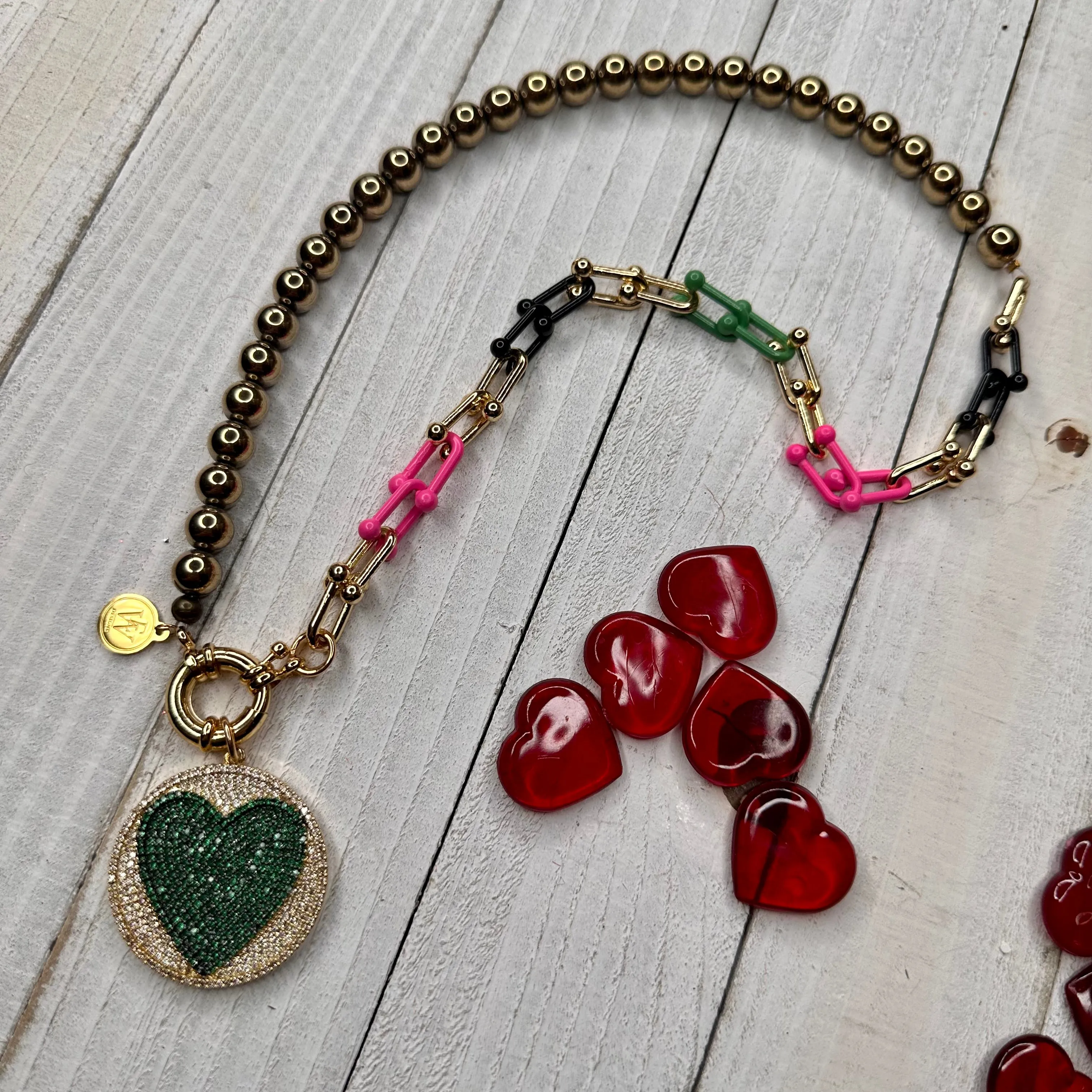 Electroplated Hematite Round Beads and Multicolor Enameled Tiffany Chain Link Necklace with Pendant 310-26 | Erika Williner Designs