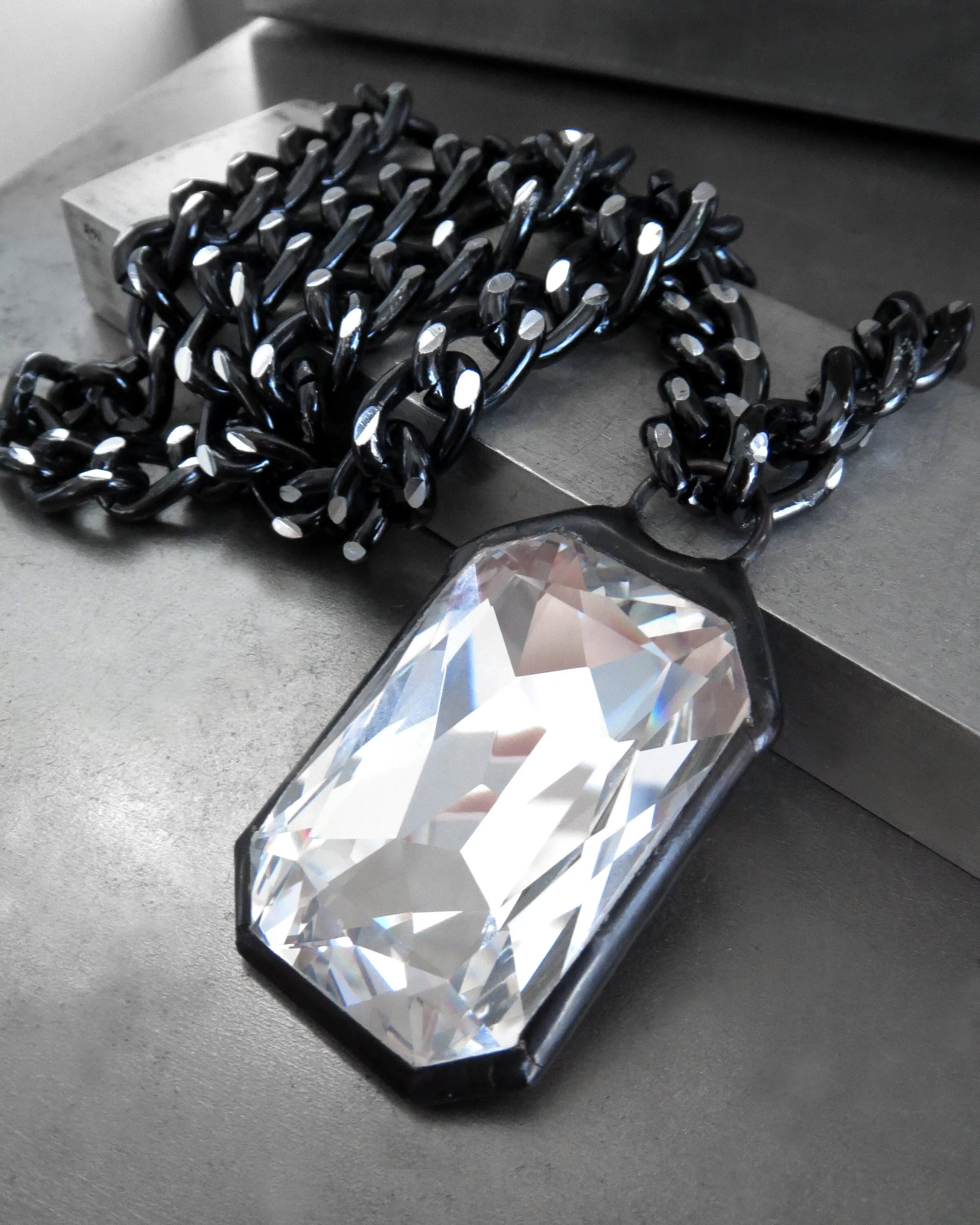 EMERGE - Large Clear Crystal Pendant Necklace with Thick Silver Black Chain
