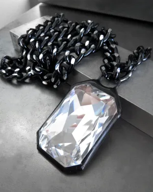 EMERGE - Large Clear Crystal Pendant Necklace with Thick Silver Black Chain