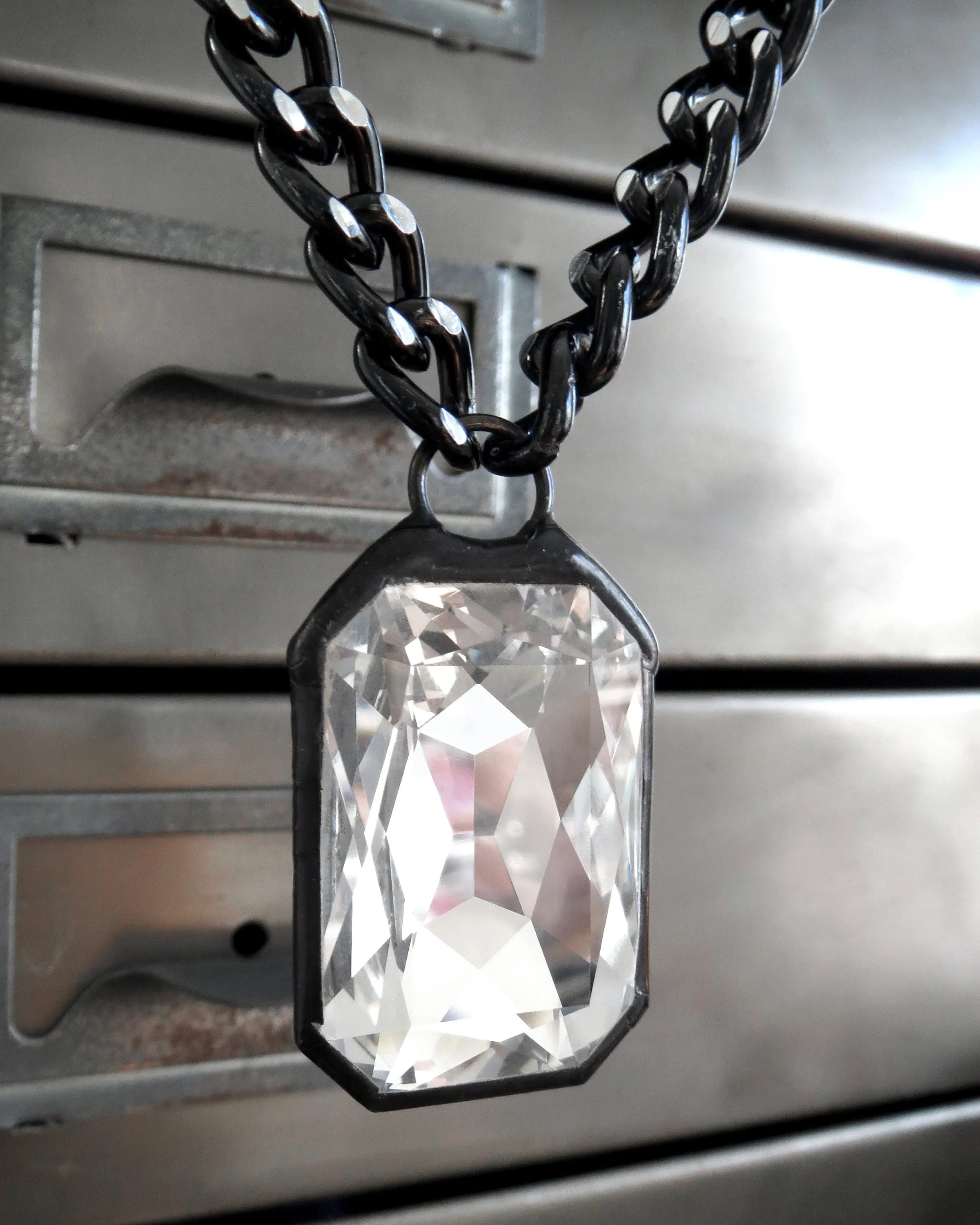 EMERGE - Large Clear Crystal Pendant Necklace with Thick Silver Black Chain