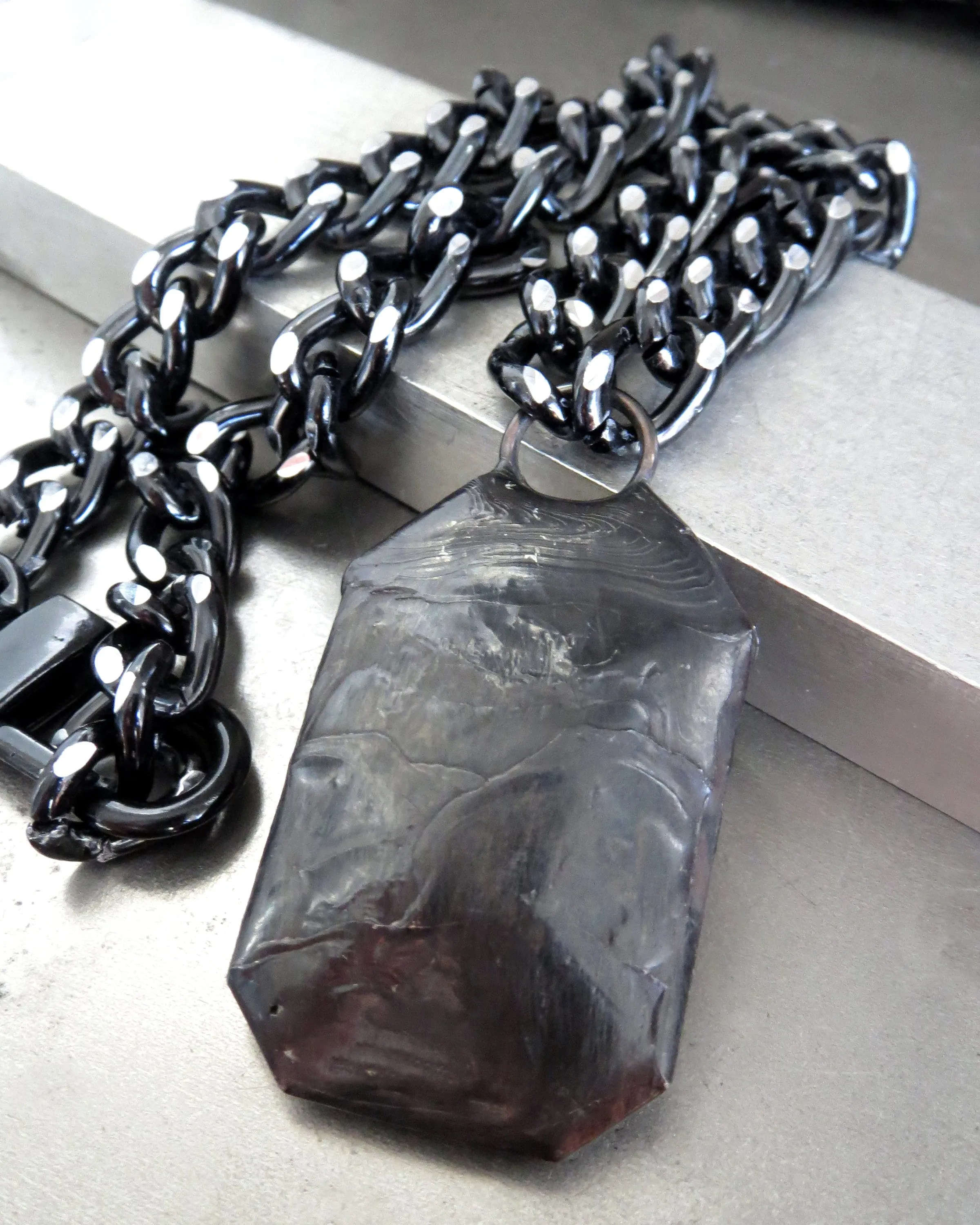 EMERGE - Large Clear Crystal Pendant Necklace with Thick Silver Black Chain
