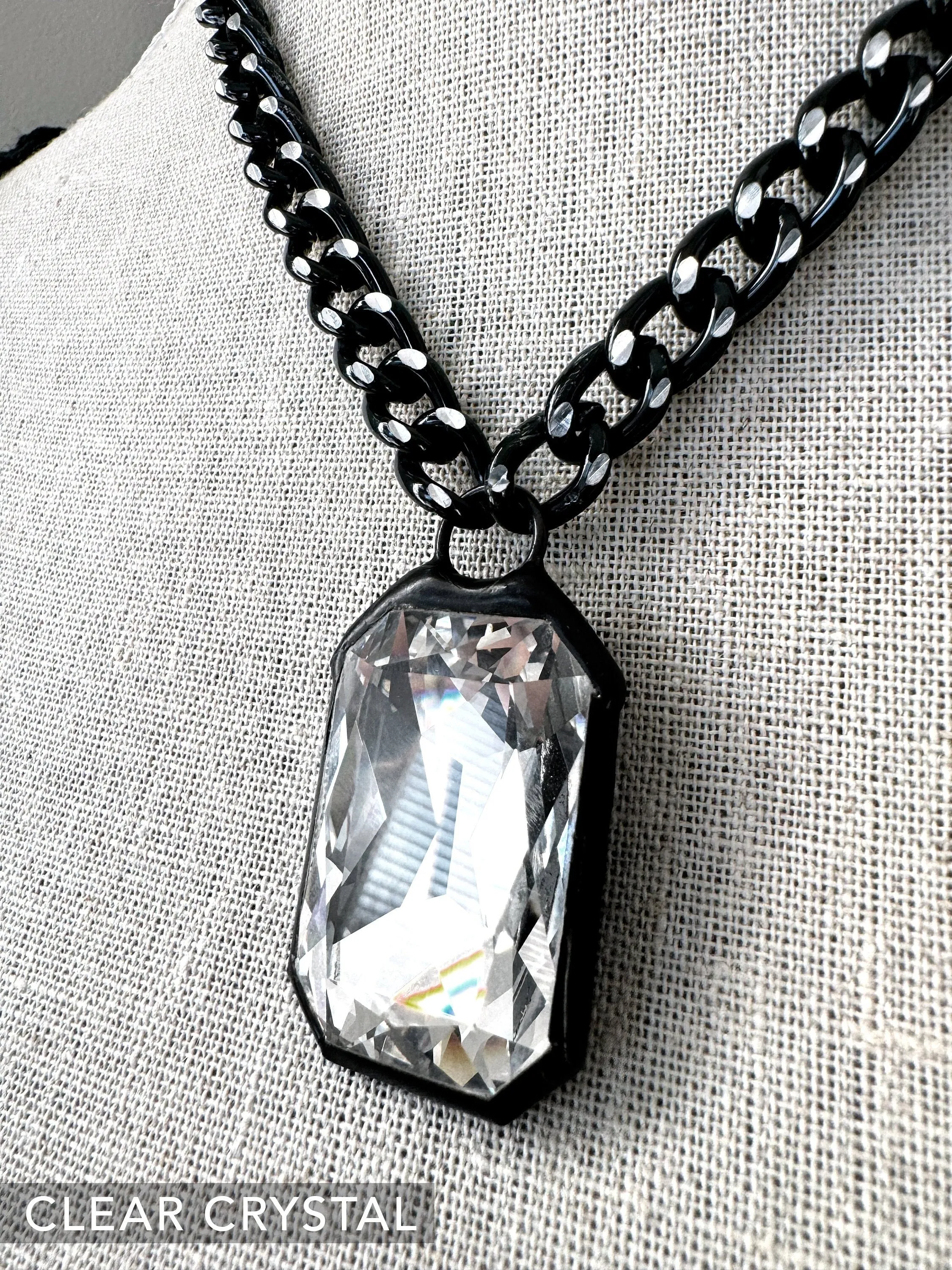 EMERGE - Large Clear Crystal Pendant Necklace with Thick Silver Black Chain