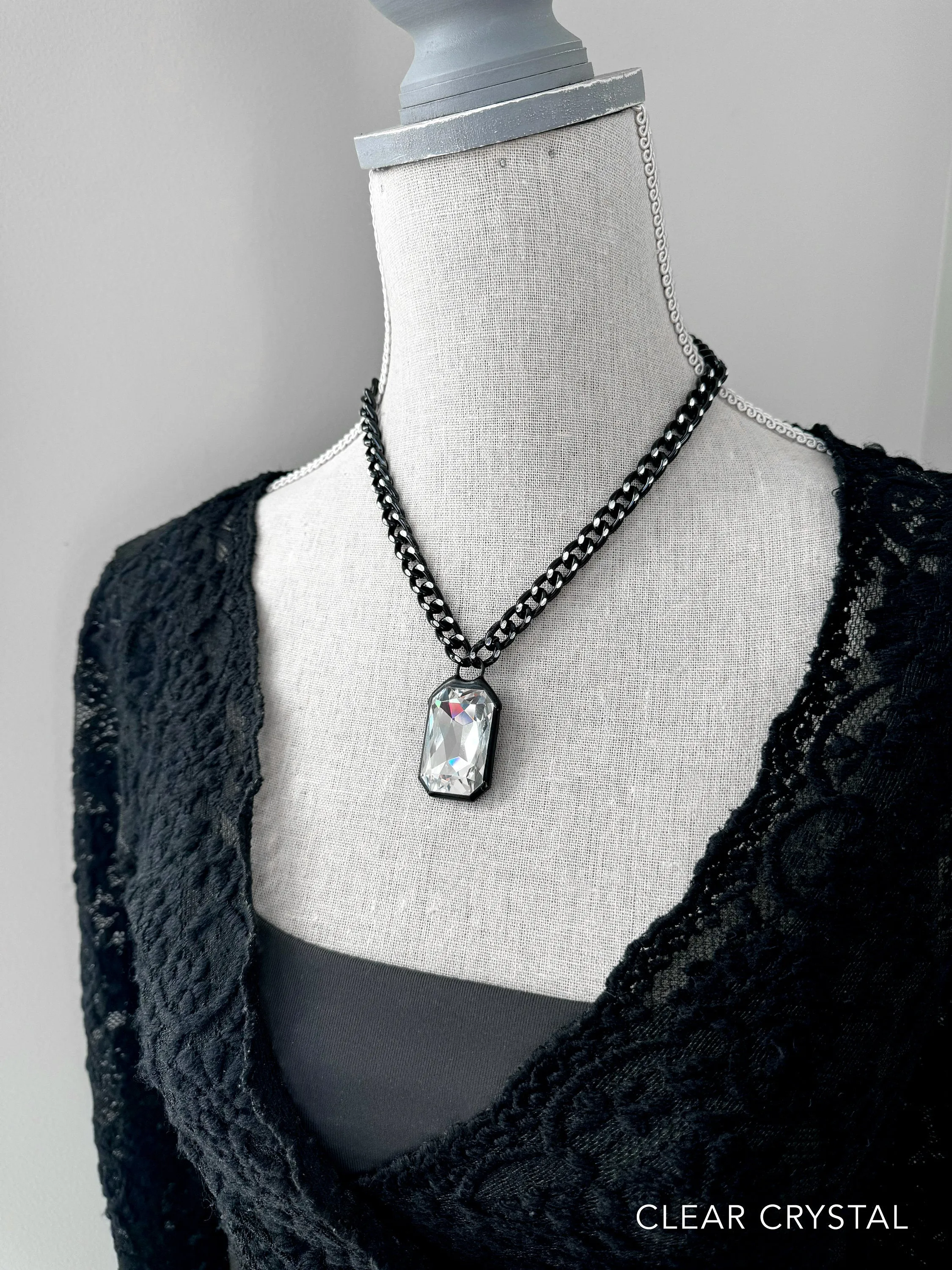 EMERGE - Large Clear Crystal Pendant Necklace with Thick Silver Black Chain