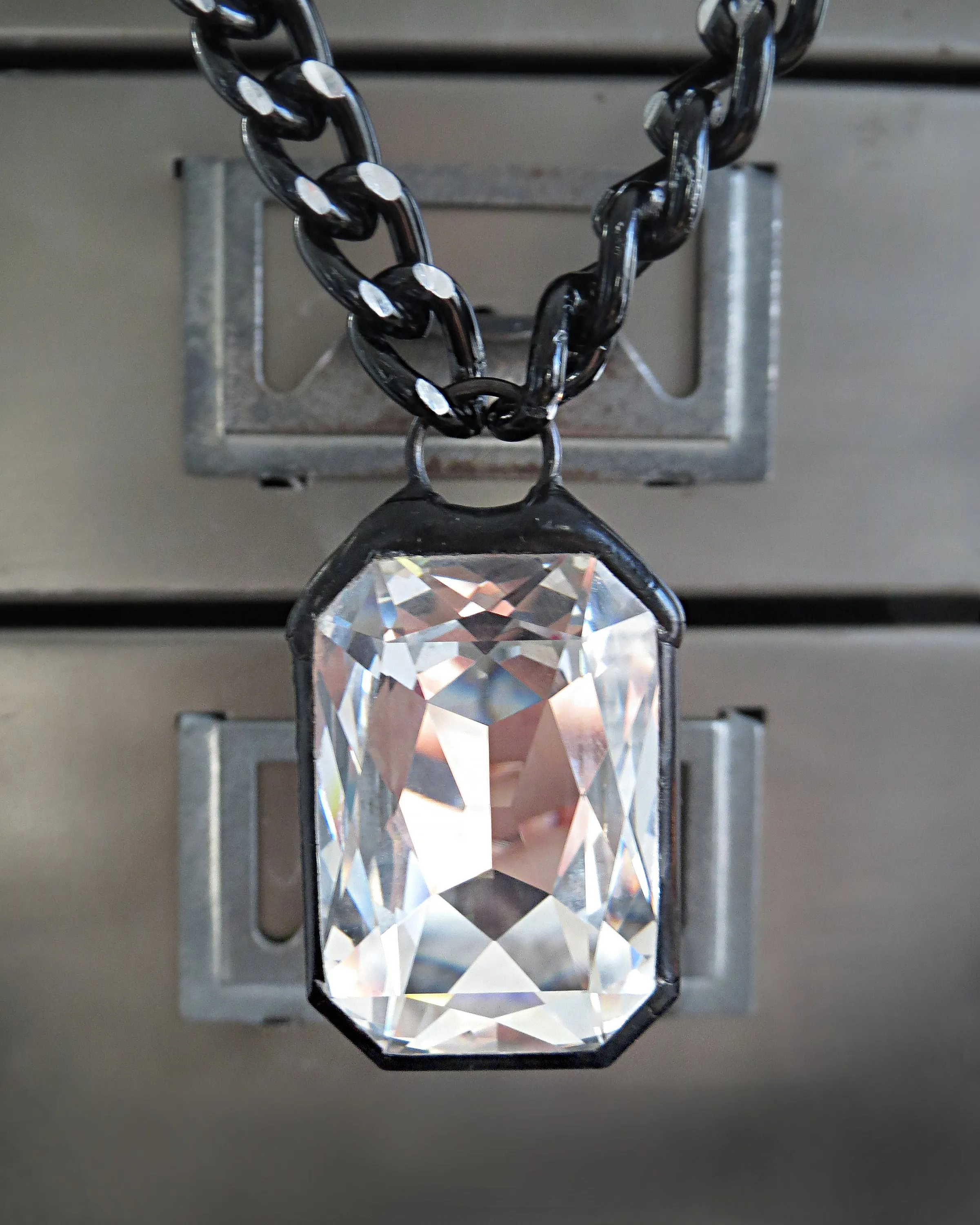 EMERGE - Large Clear Crystal Pendant Necklace with Thick Silver Black Chain