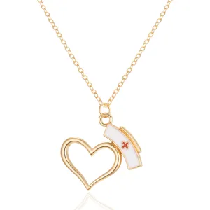 Enamel & 18K Gold-Plated Open Heart Nurse Cap Pendant Necklace
