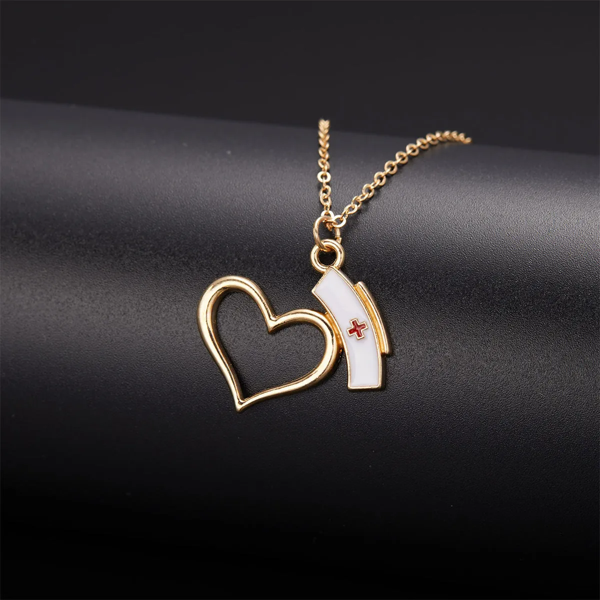 Enamel & 18K Gold-Plated Open Heart Nurse Cap Pendant Necklace