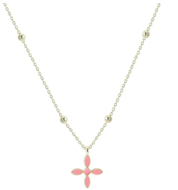 Enamel Cross Drop Necklace in Light Pink