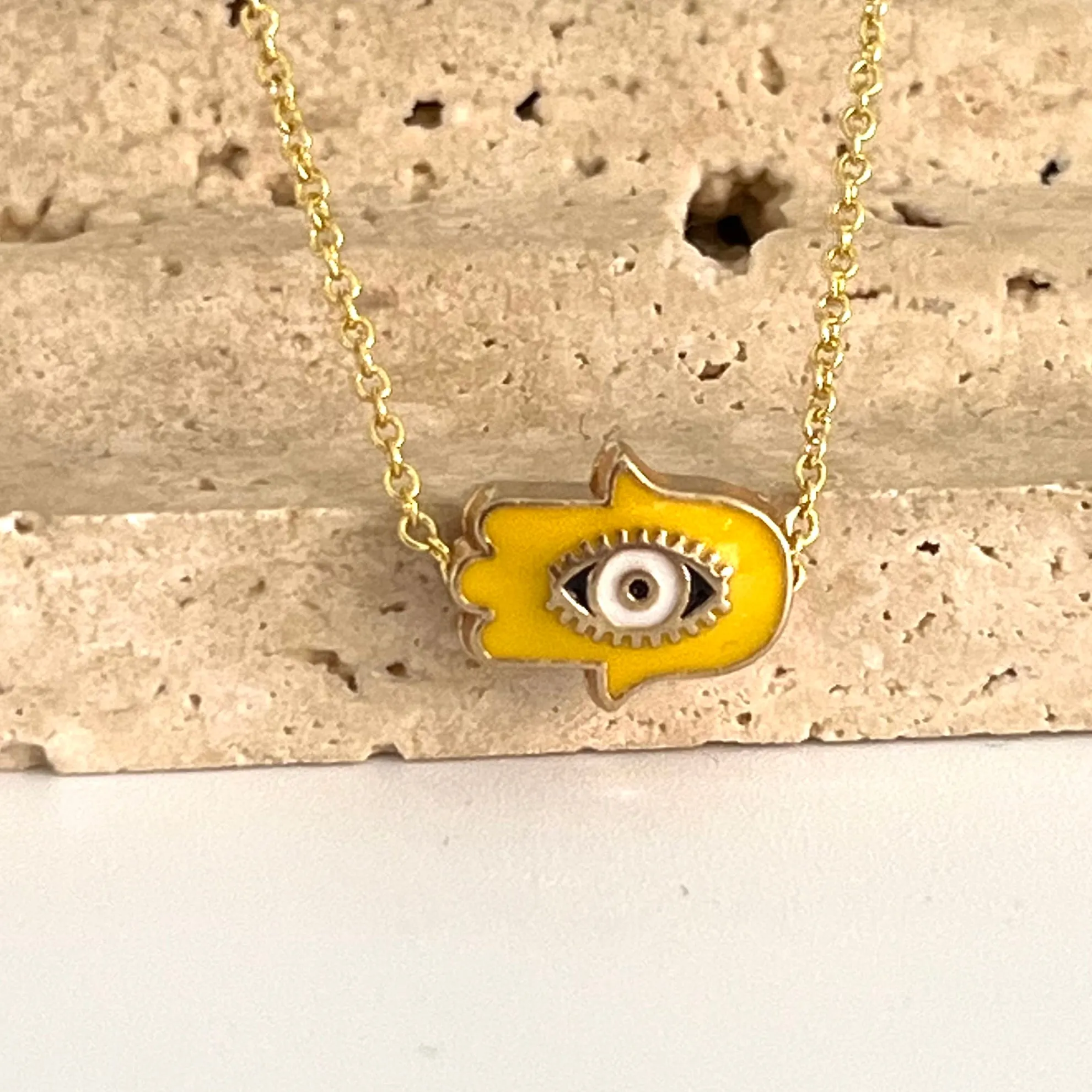 Enamel Mini Hamsa Pendant Necklace - Gold
