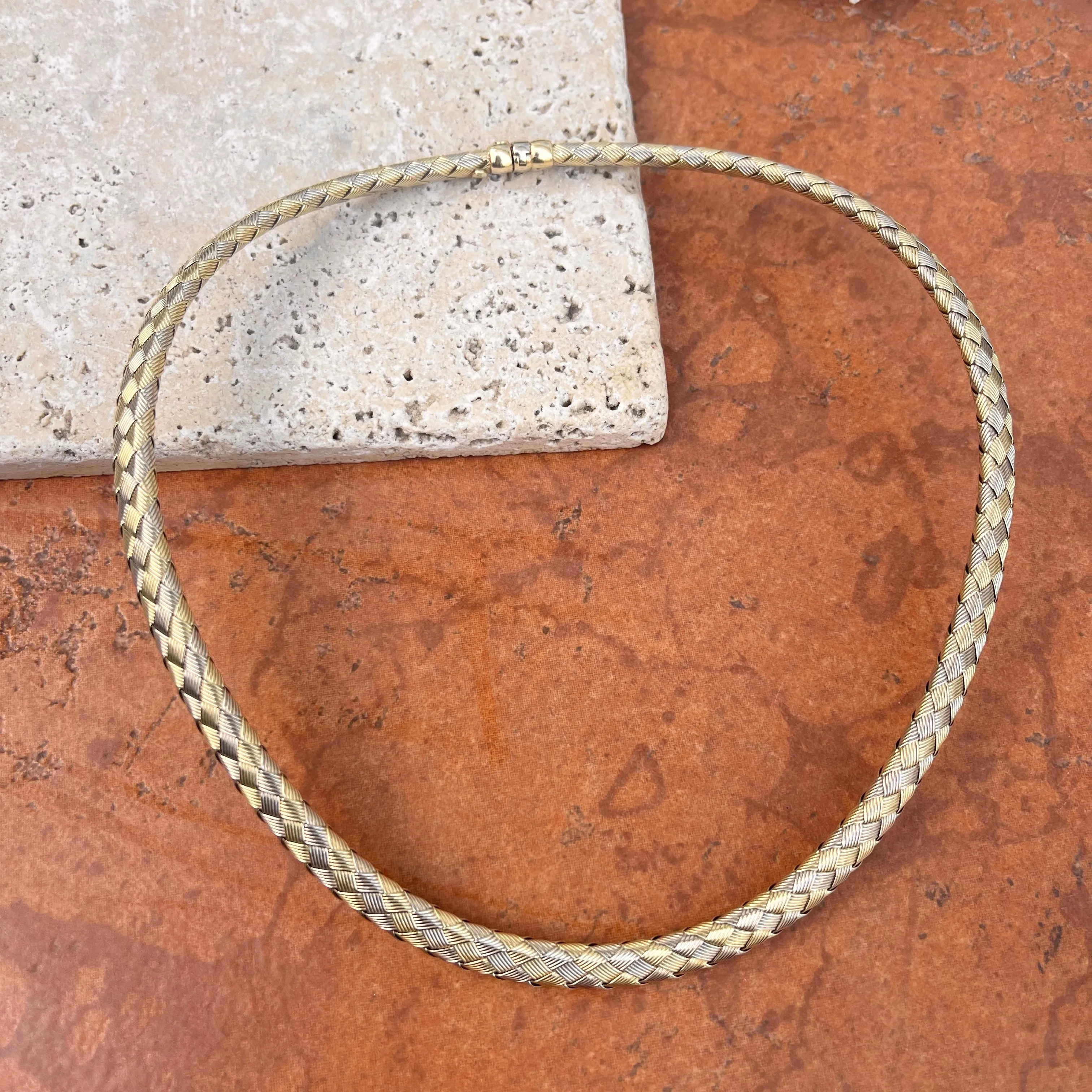 Estate 14KT White Gold   Yellow Gold Basketweave Collar Necklace