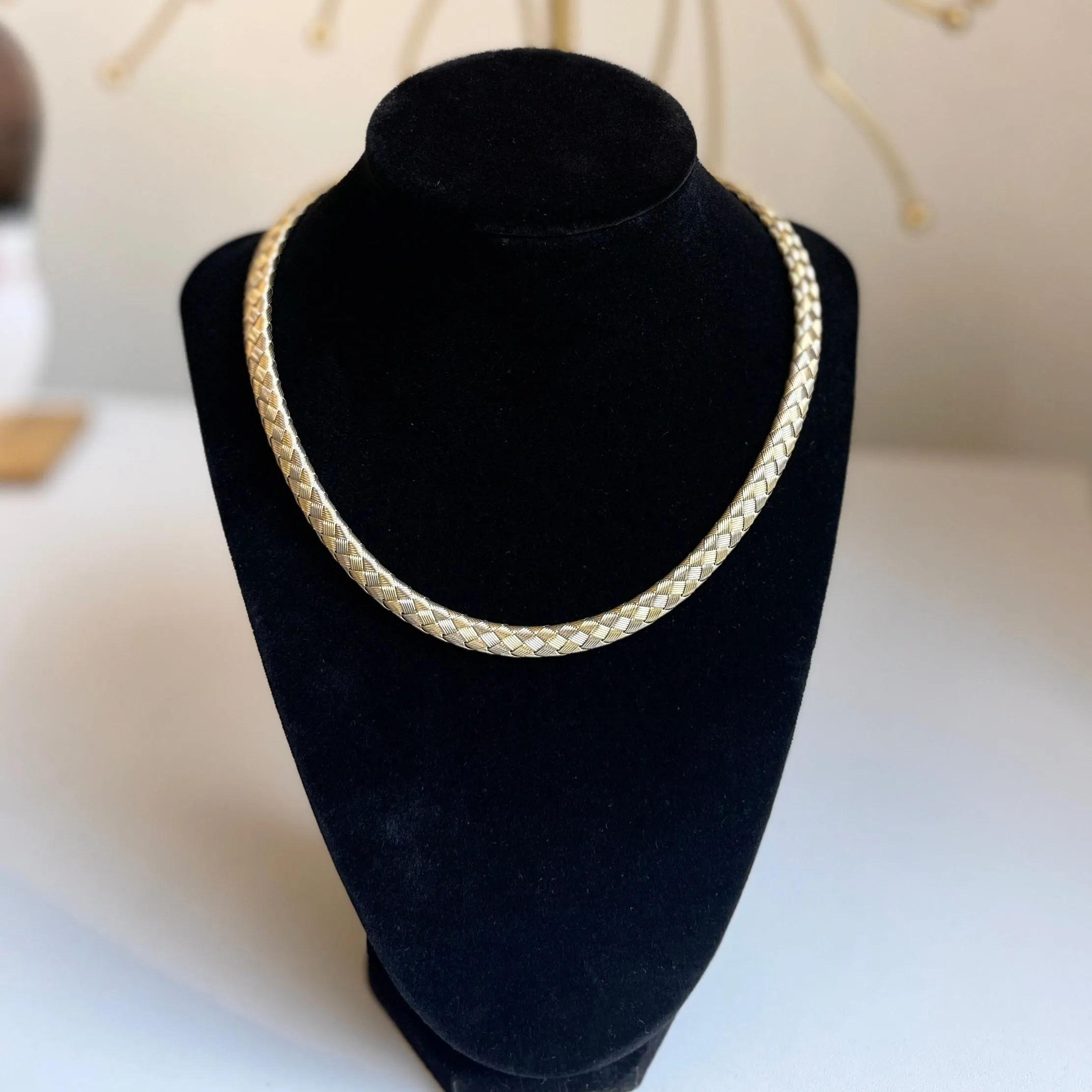 Estate 14KT White Gold   Yellow Gold Basketweave Collar Necklace