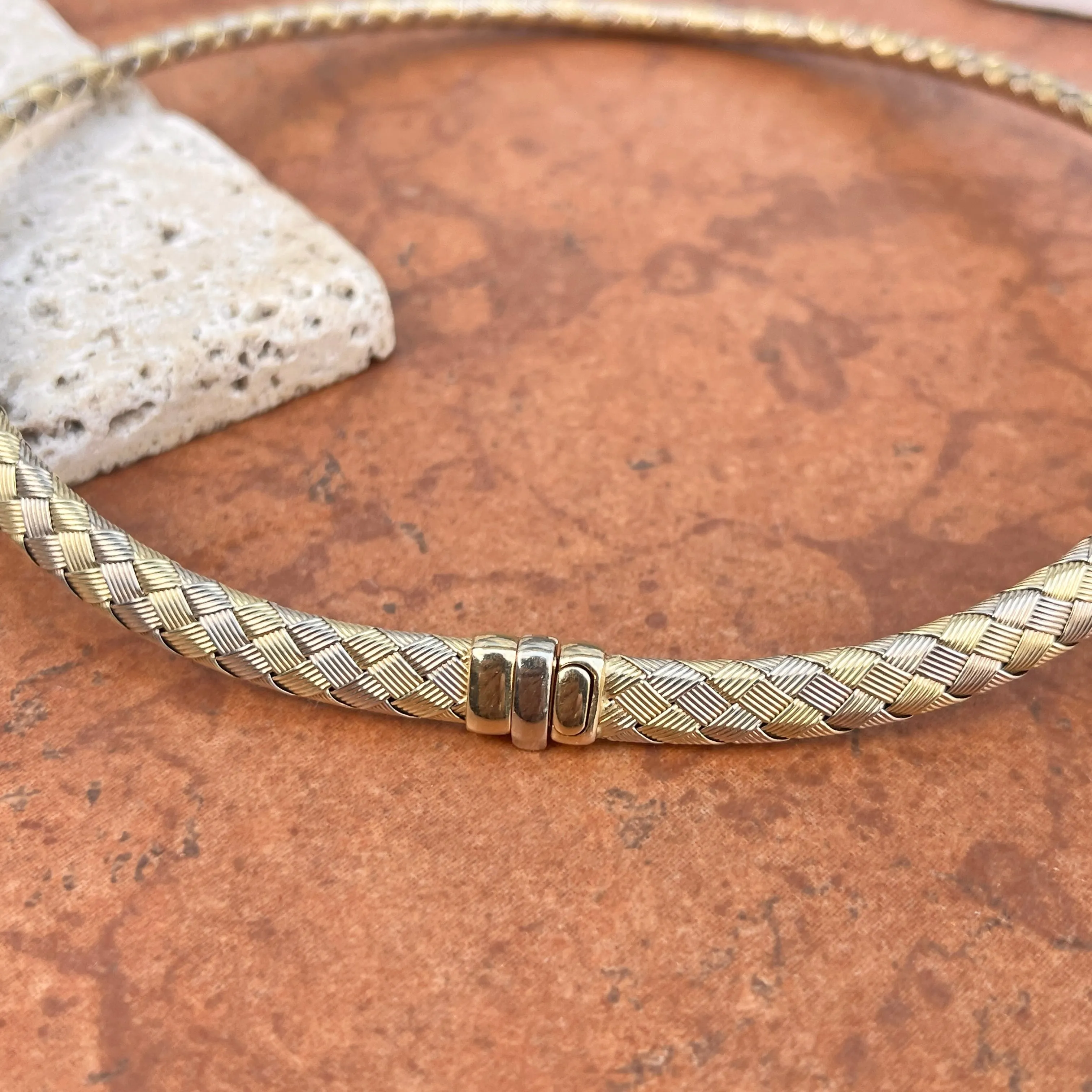 Estate 14KT White Gold   Yellow Gold Basketweave Collar Necklace
