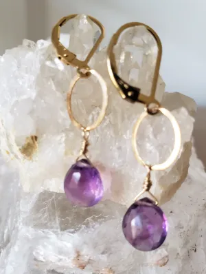 Faceted Amethyst Tear Drop Lever Back Earrings With A Hammered Gold-Filled Ring.
