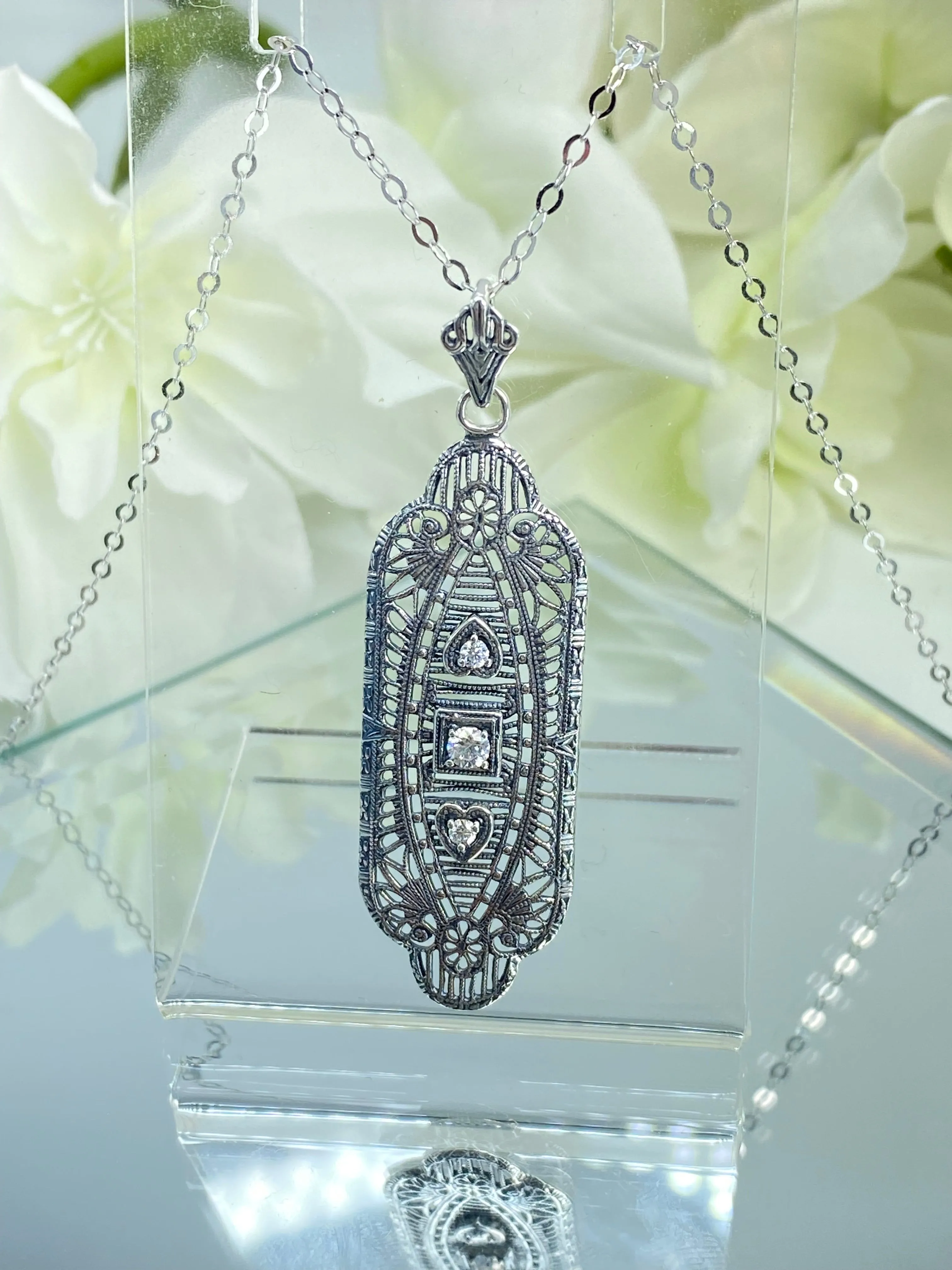 Faux Diamond Angel Wing Pendant Necklace, Moissanite or Cubic Zirconia Gemstones, Vintage Revival Jewelry #P359