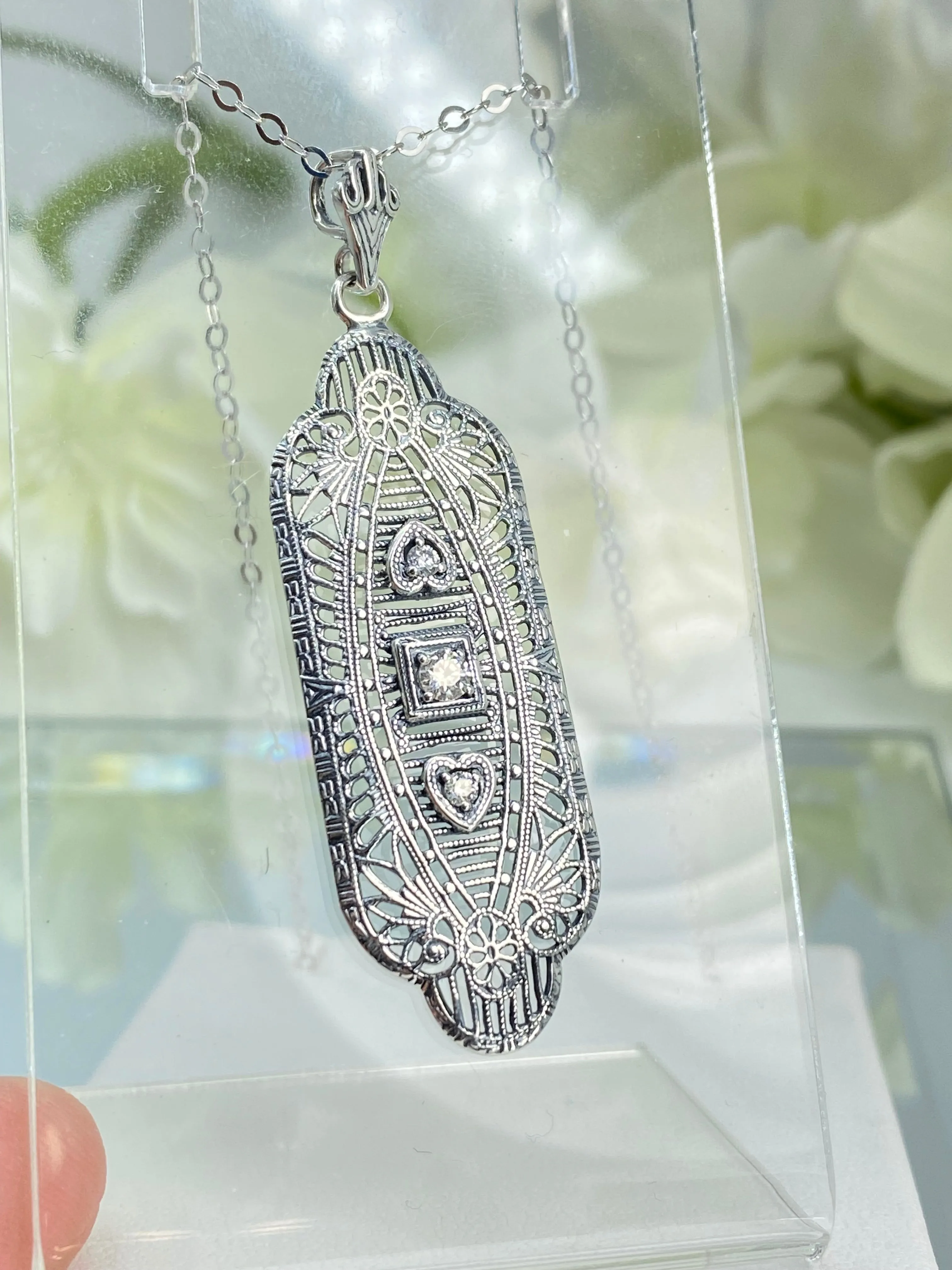 Faux Diamond Angel Wing Pendant Necklace, Moissanite or Cubic Zirconia Gemstones, Vintage Revival Jewelry #P359
