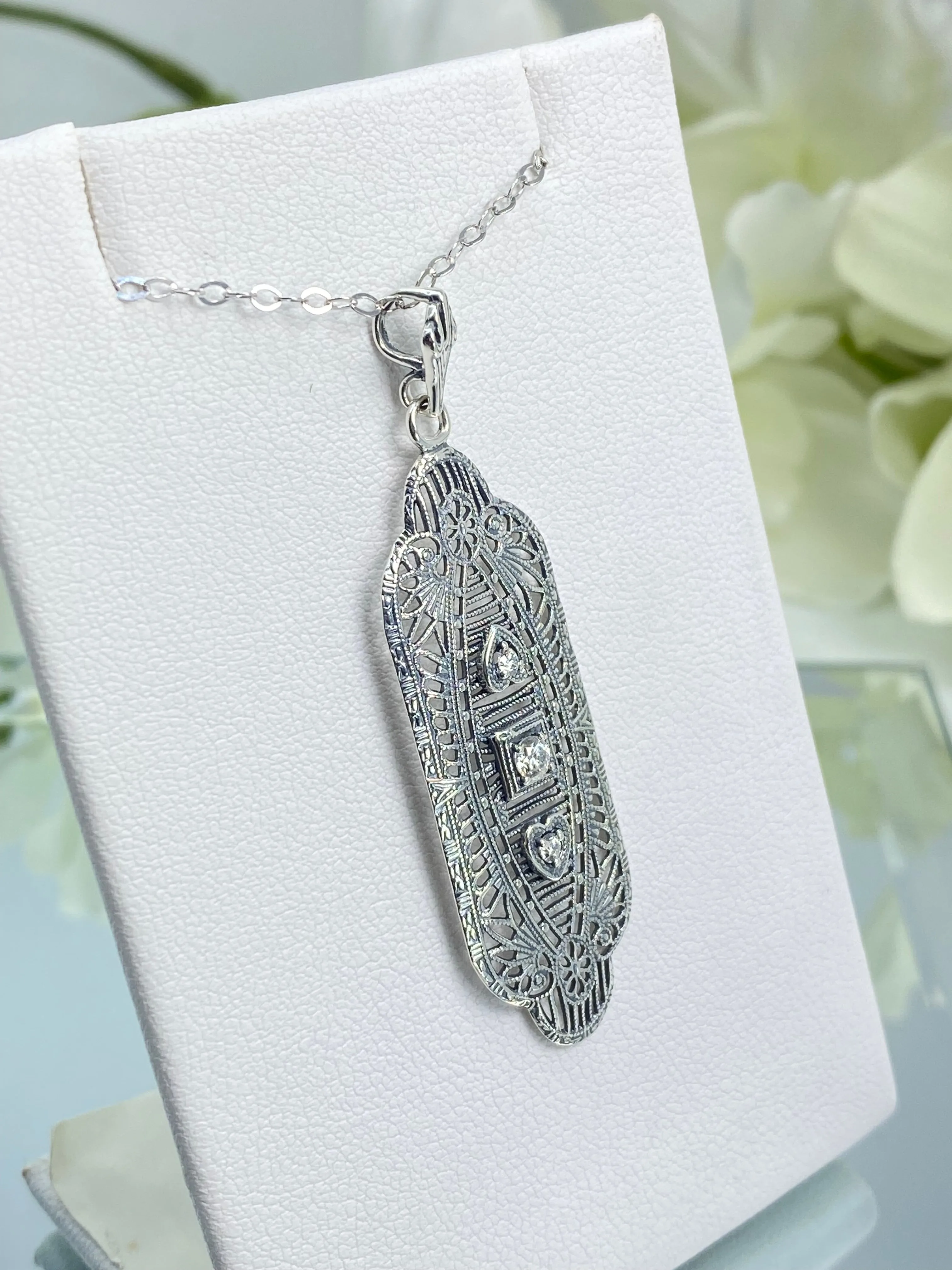 Faux Diamond Angel Wing Pendant Necklace, Moissanite or Cubic Zirconia Gemstones, Vintage Revival Jewelry #P359